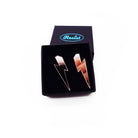Medium Lightning Bolt earrings in rose gold mirror, shown in a small Wear and Resist gift box.