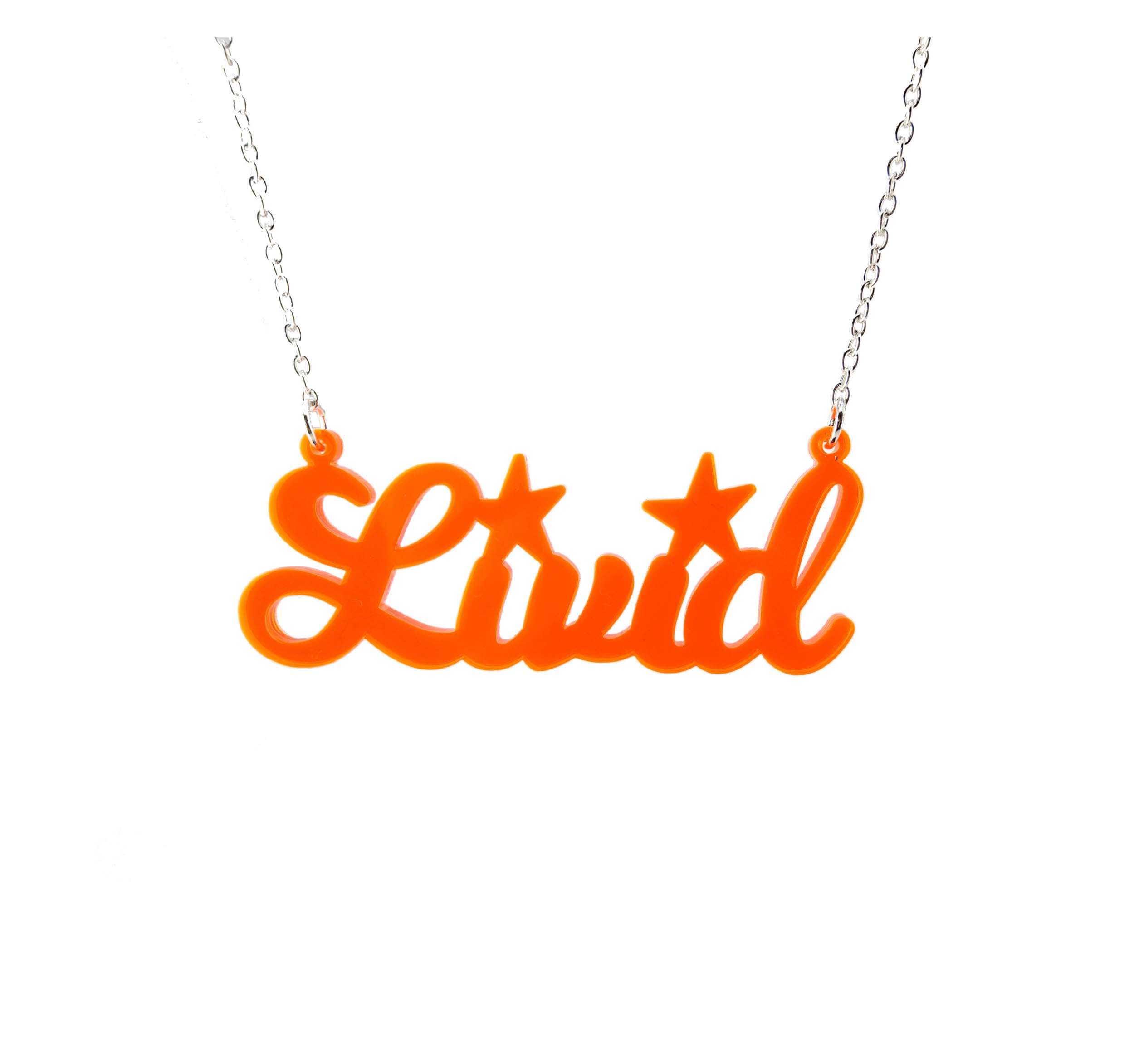 Livid necklace in fluoro orange, shown hanging on a white background.