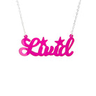 Livid necklace in neon pink shown hanging on a white background.