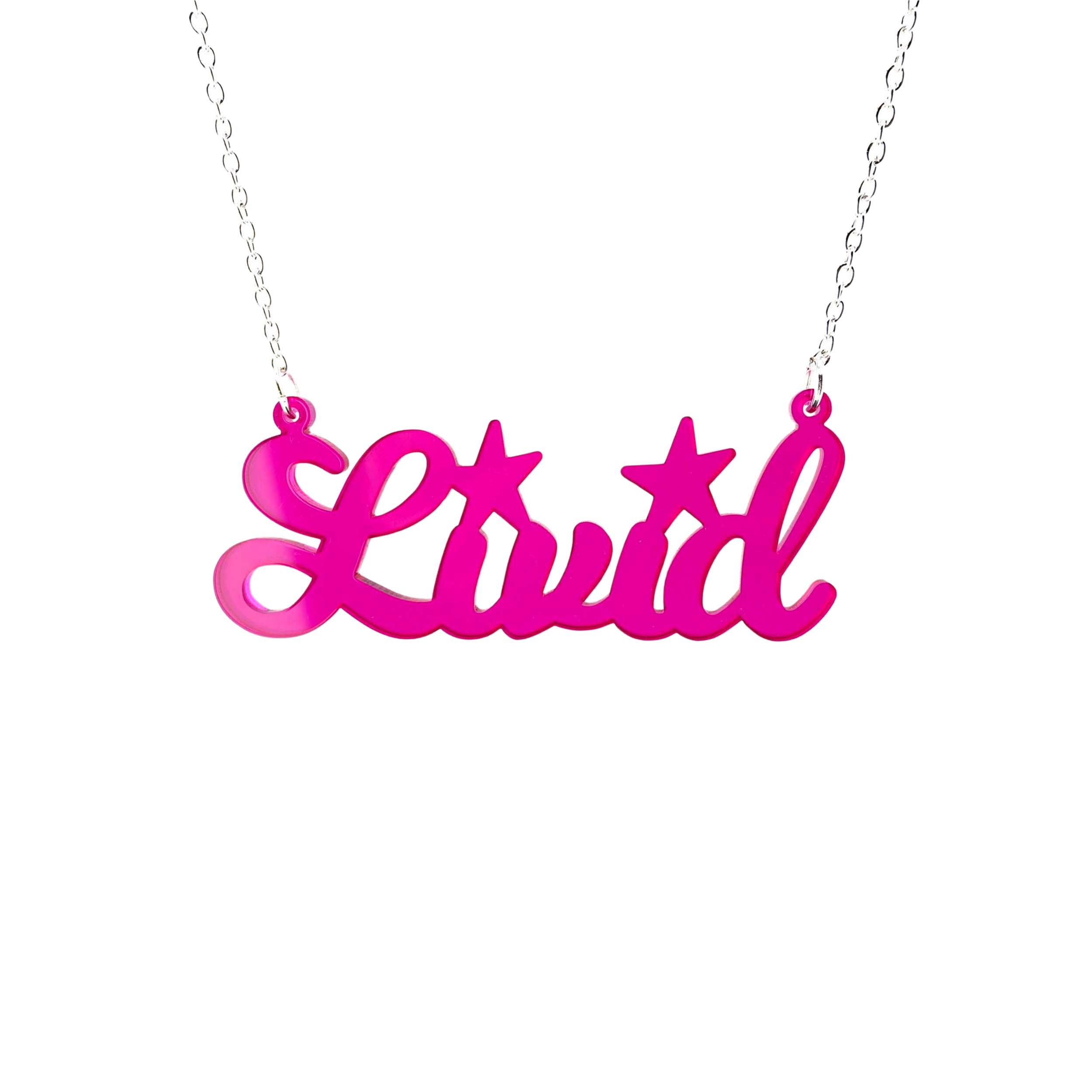 Livid necklace in neon pink shown hanging on a white background.