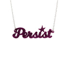 Persist necklace in script font in purple glitter, shown hanging on a white background.