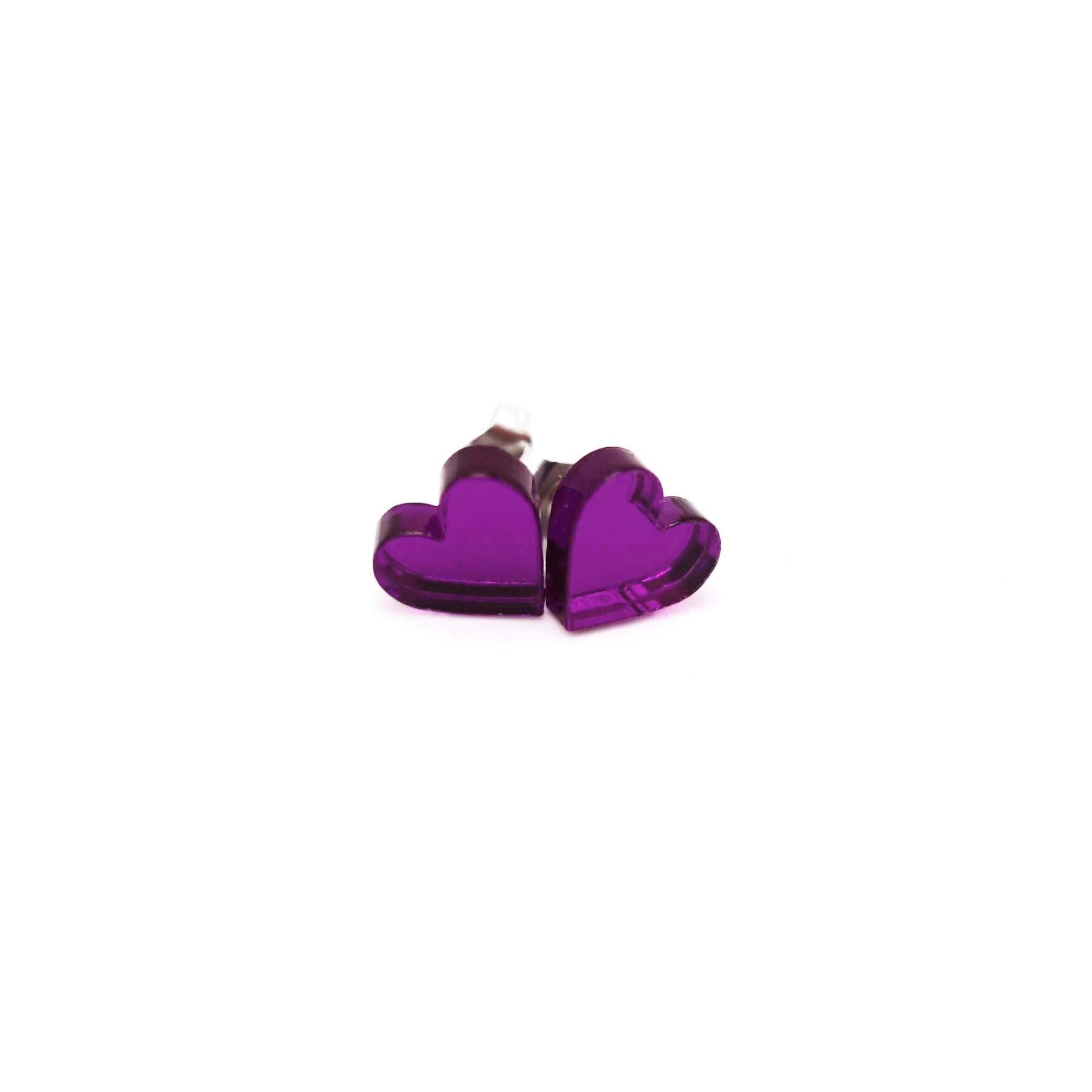 Small heart earrings in purple mirror, shown against a white background.