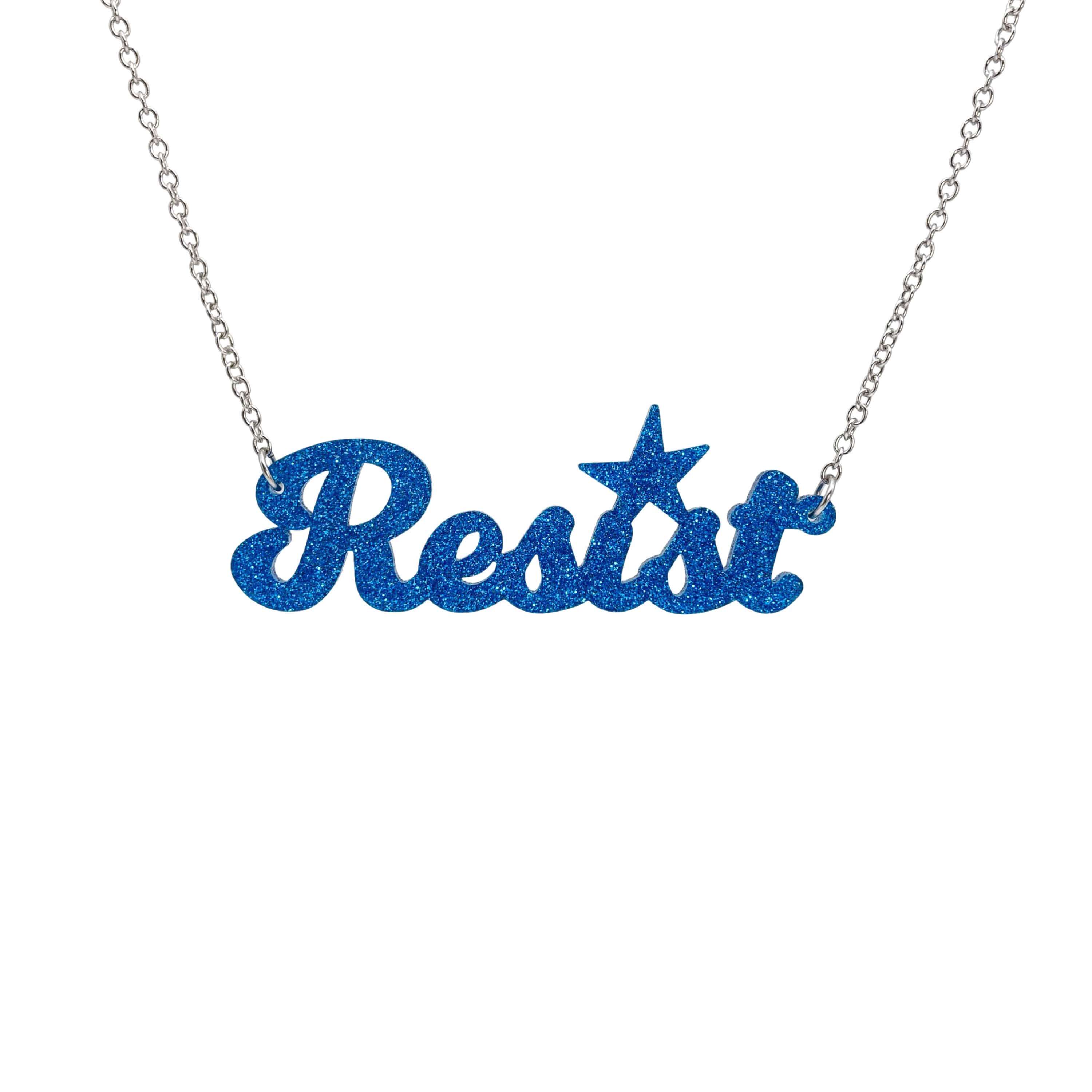 Resist necklace in blue glitter, shown hanging against a white background.