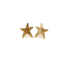 Gold glitter funky Wear and Resist star earrings shown on a white background.