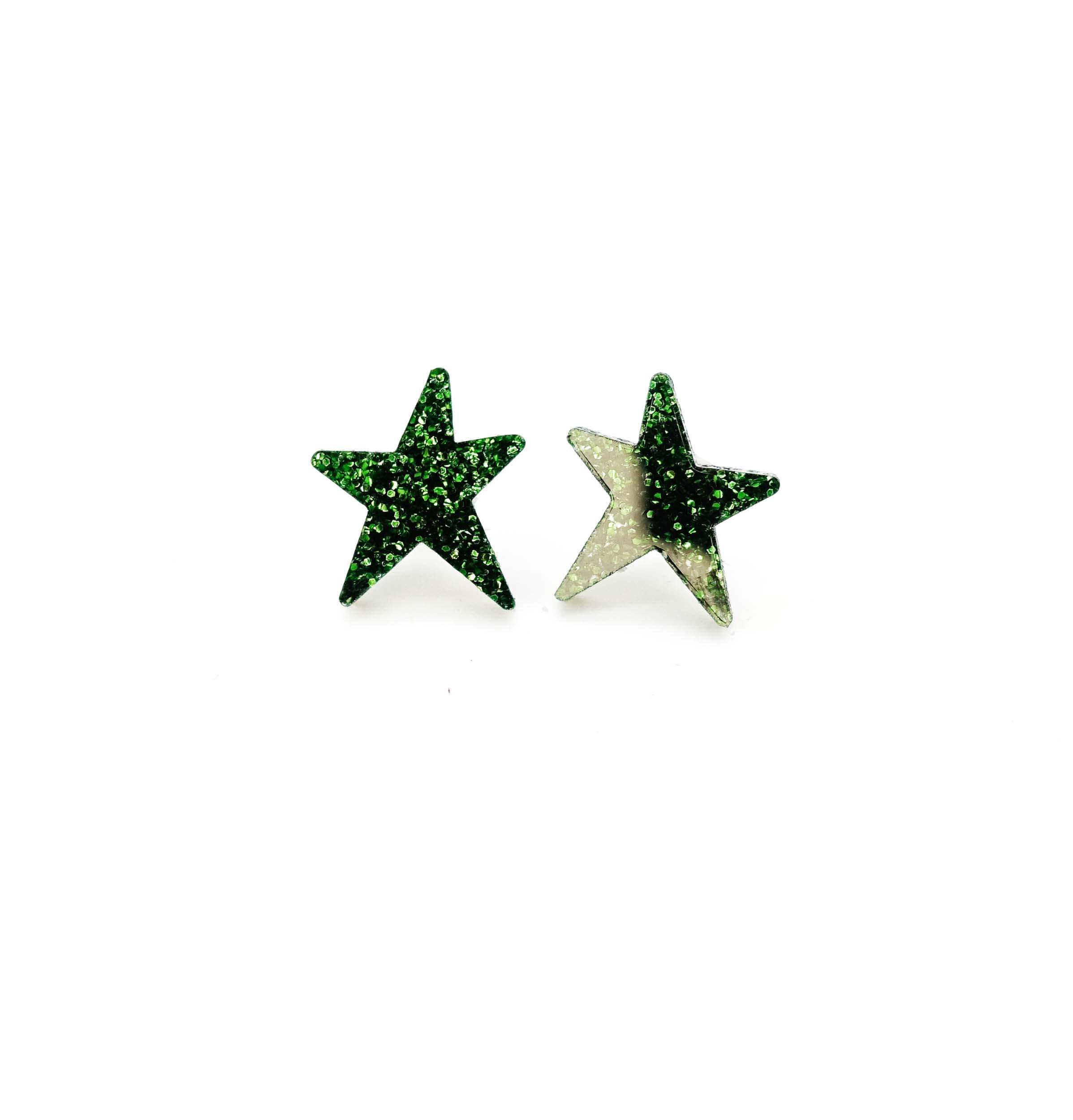 Moss glitter funky Wear and Resist star earrings shown on a white background.