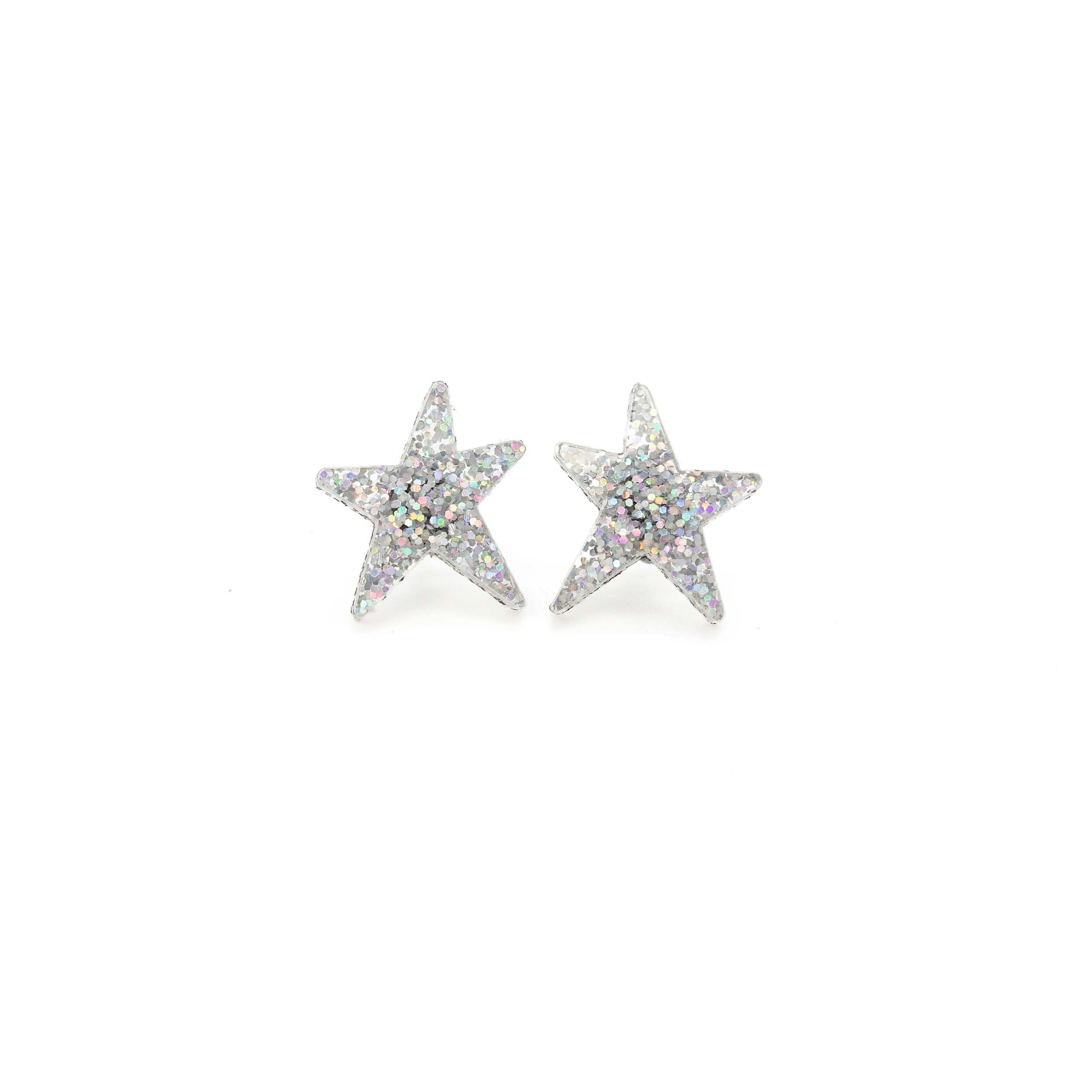Silver glitter funky Wear and Resist star earrings shown on a white background.
