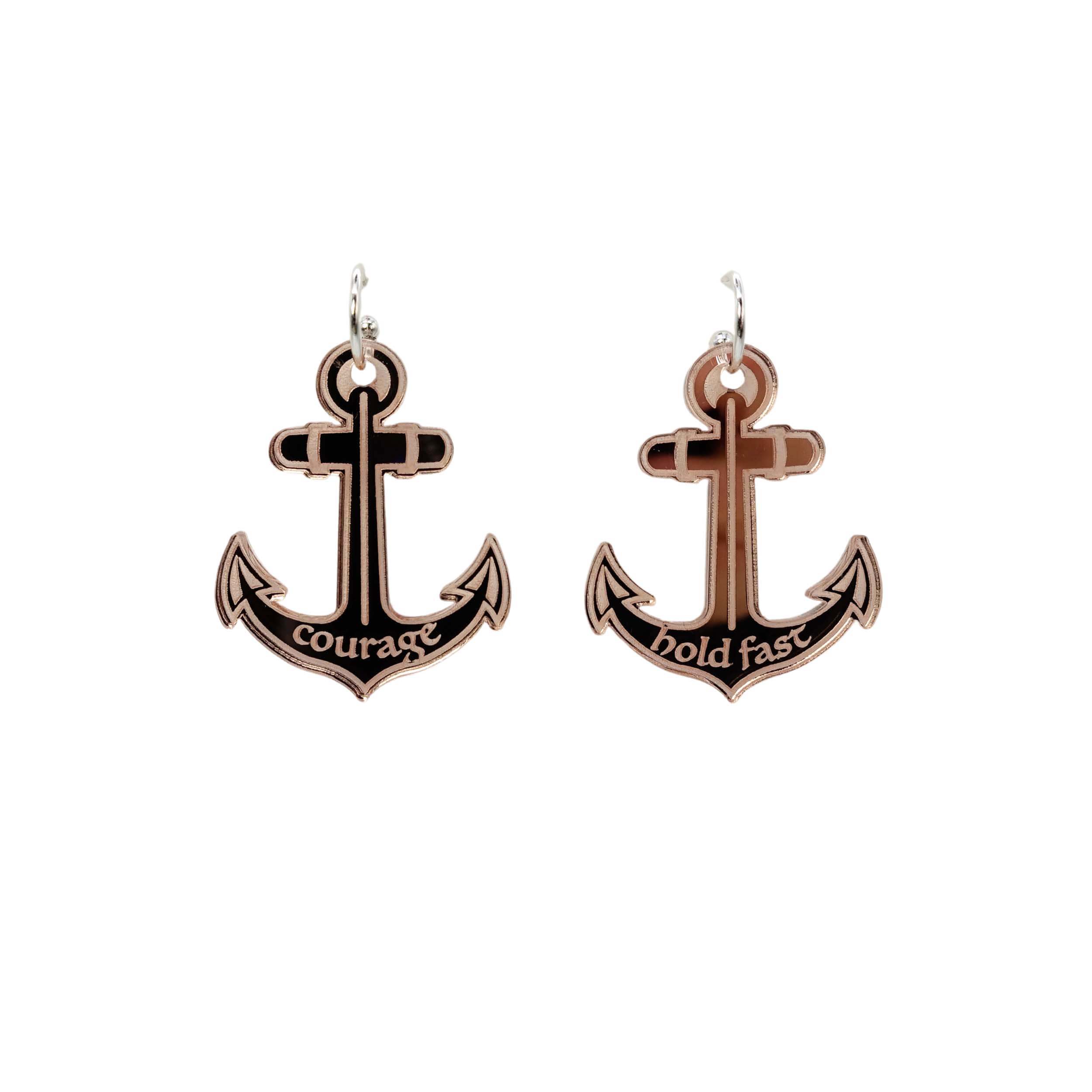 Courage and Hold Fast anchor hoop earrings in rose gold mirror. Designed by Sarah Day for Wear and Resist as part of The Courage Collection.