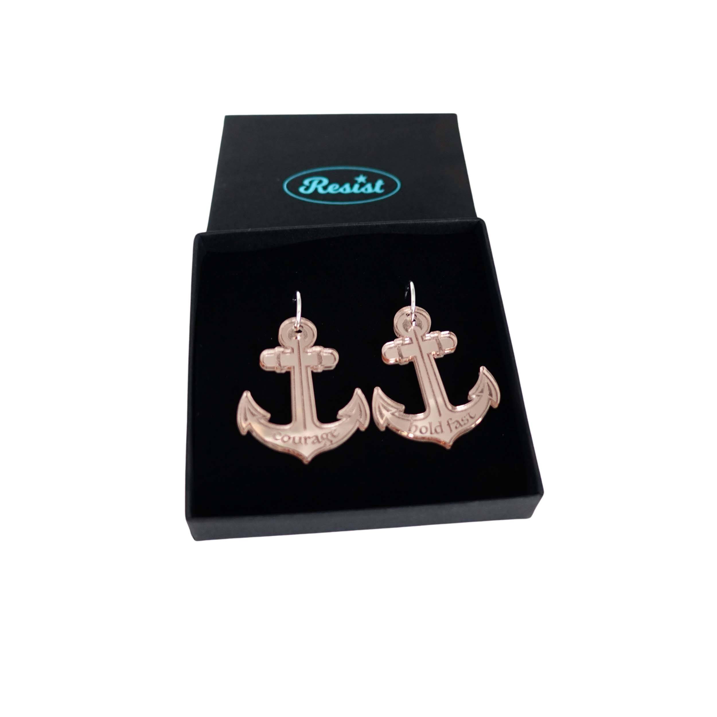Courage and Hold Fast anchor hoop earrings in rose gold mirror, shown in a Wear and Resist gift box.