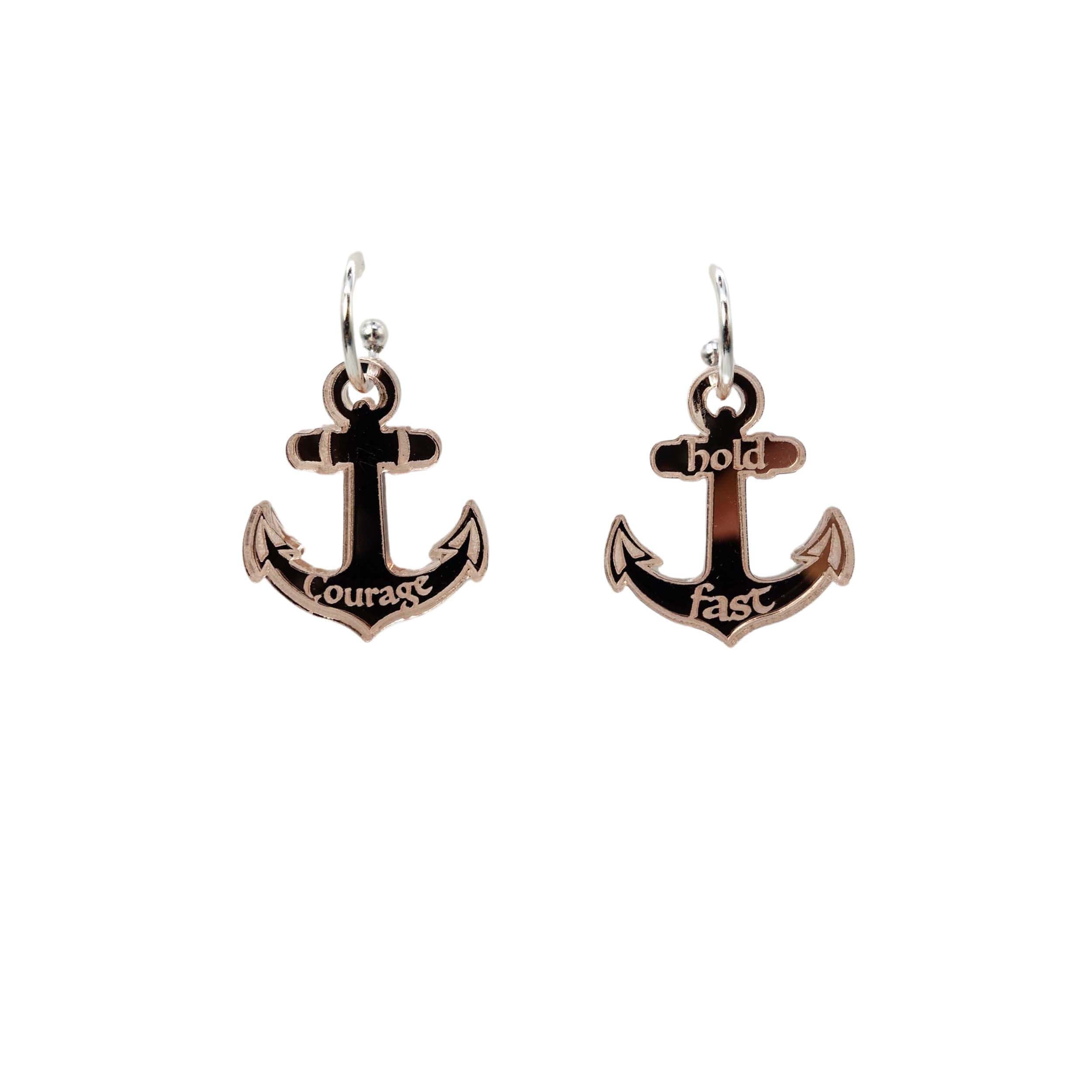 Rose gold mirror medium anchor hoop earrings, shown against a white background.