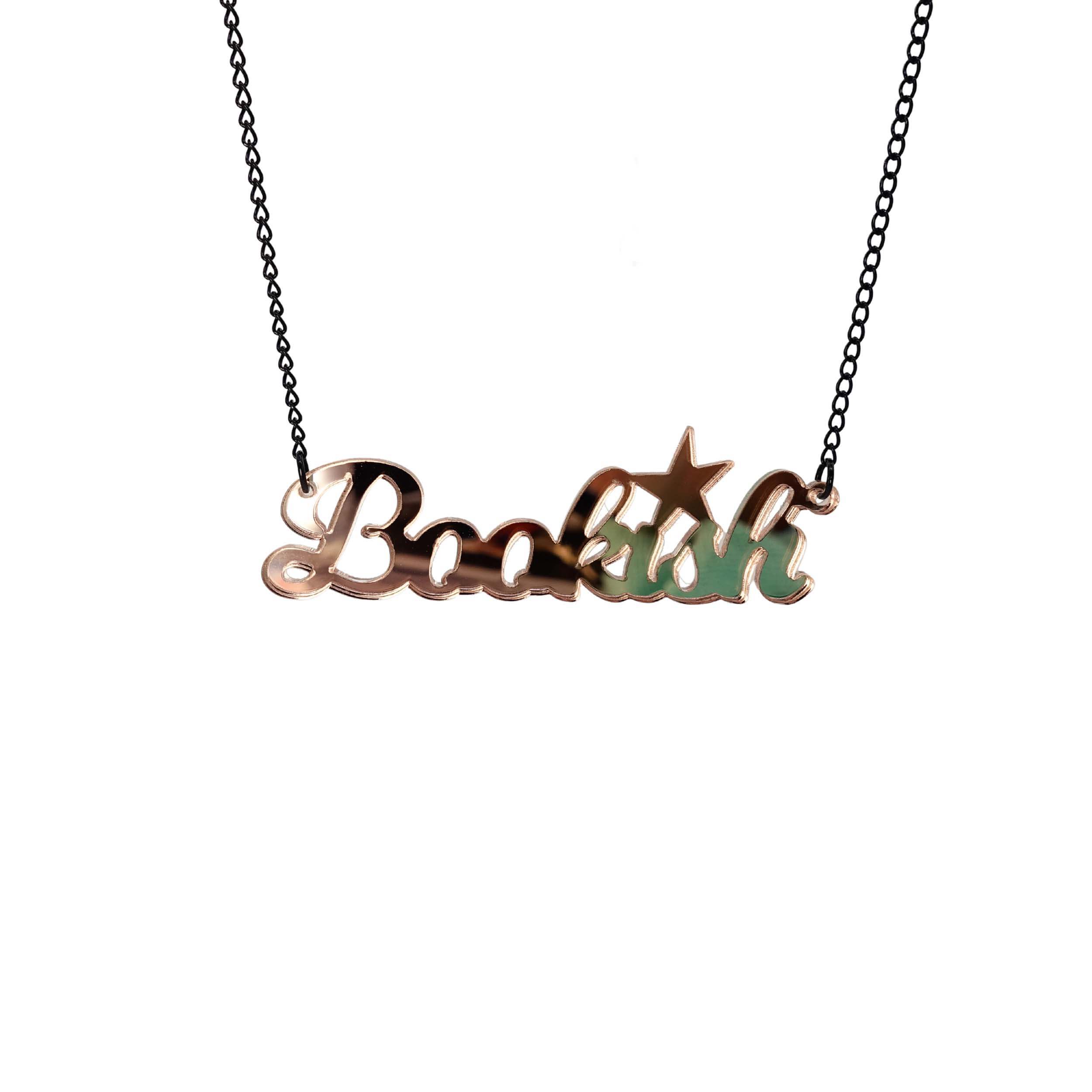 Bookish necklace in rose gold mirror, shown against a white background.