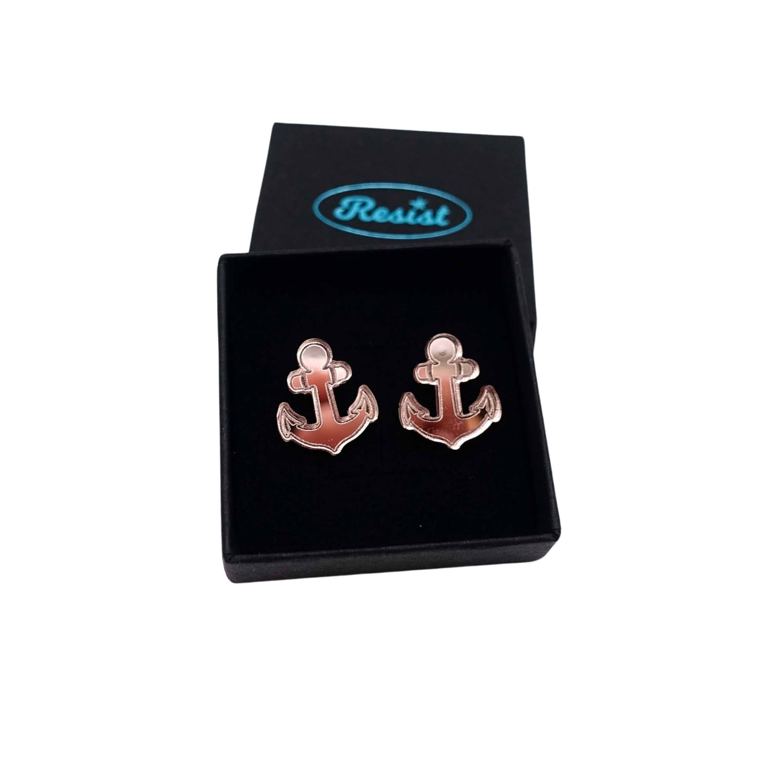 Rose gold mirror little anchor earrings shown in a Wear and Resist gift box.