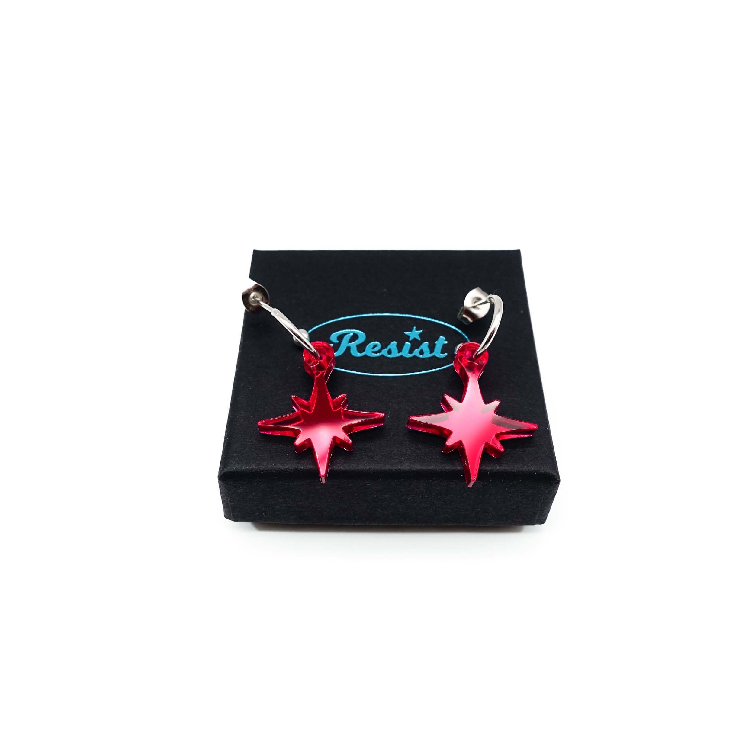 Ruby mirror limited edition Festive Vintage Star earrings, shown on a Wear and Resist gift box.