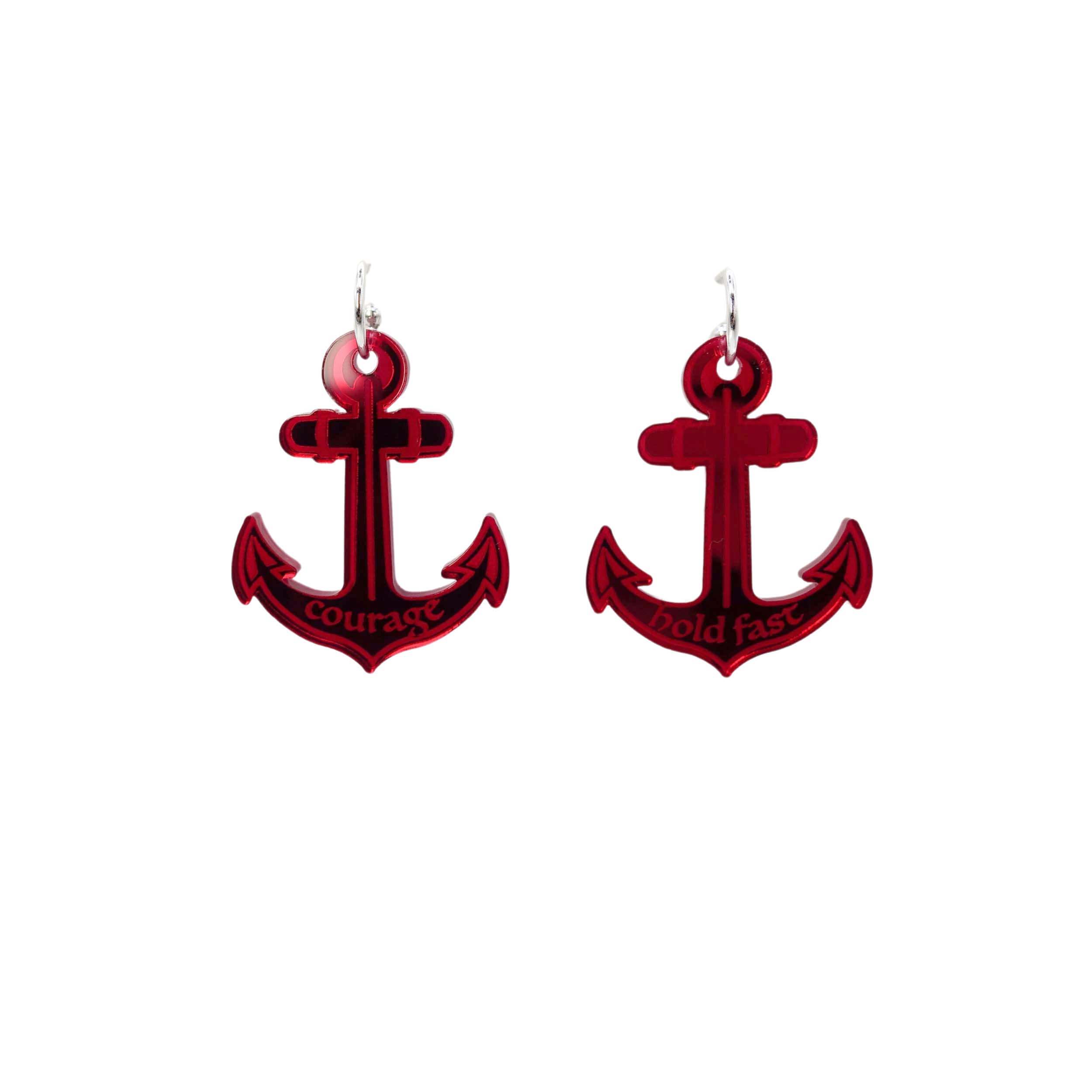 Courage and Hold Fast anchor hoop earrings in ruby mirror. Designed by Sarah Day for Wear and Resist as part of The Courage Collection.