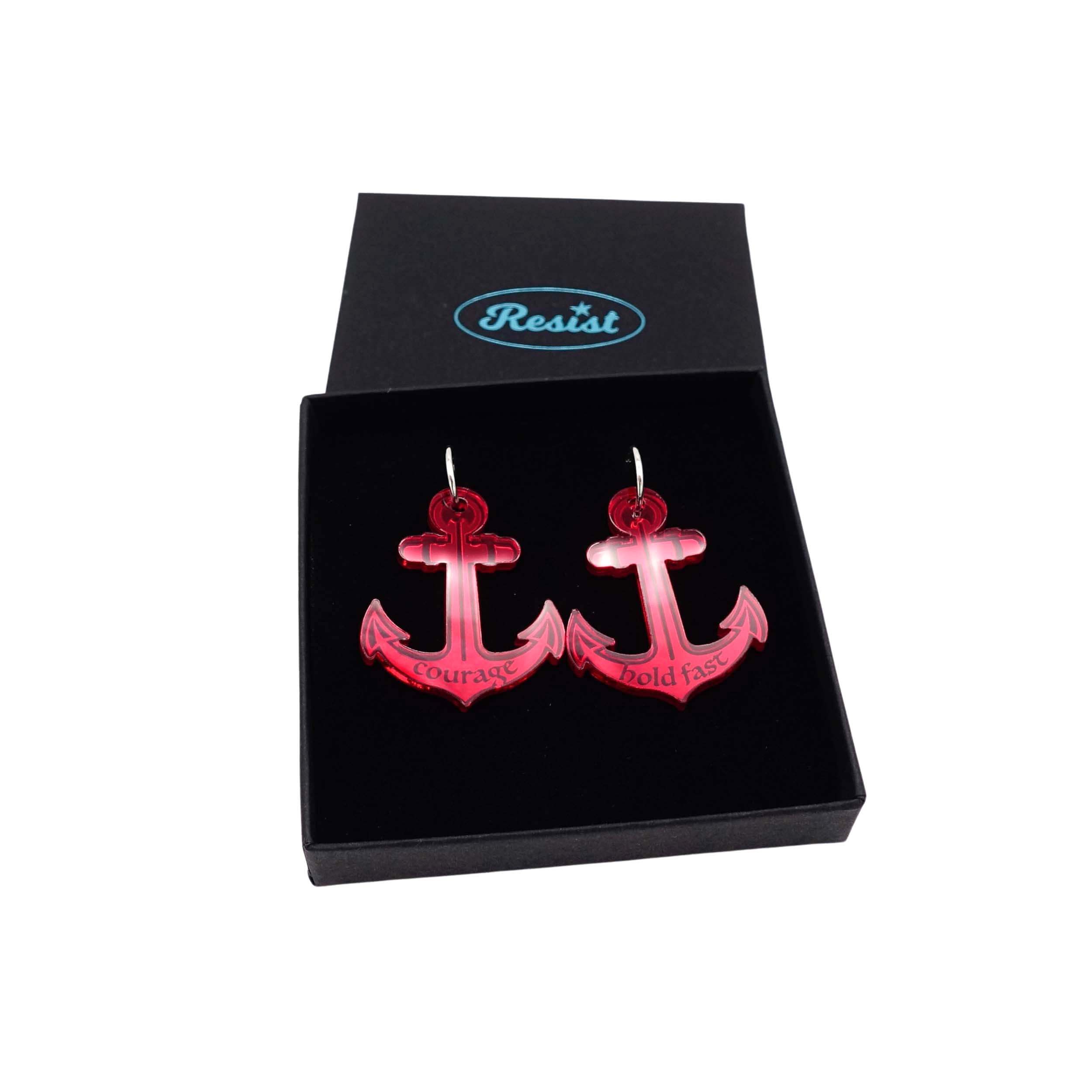 Courage and Hold Fast anchor hoop earrings in ruby mirror, shown in a Wear and Resist gift box.