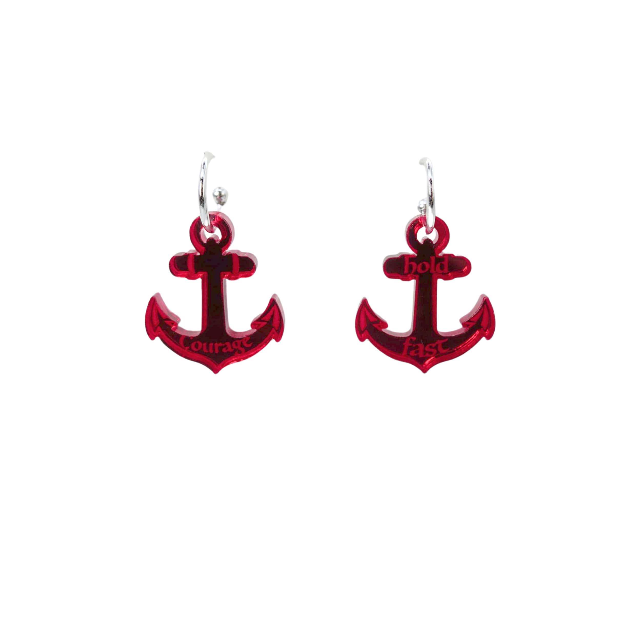 Ruby red mirror medium anchor hoop earrings, shown against a white background.