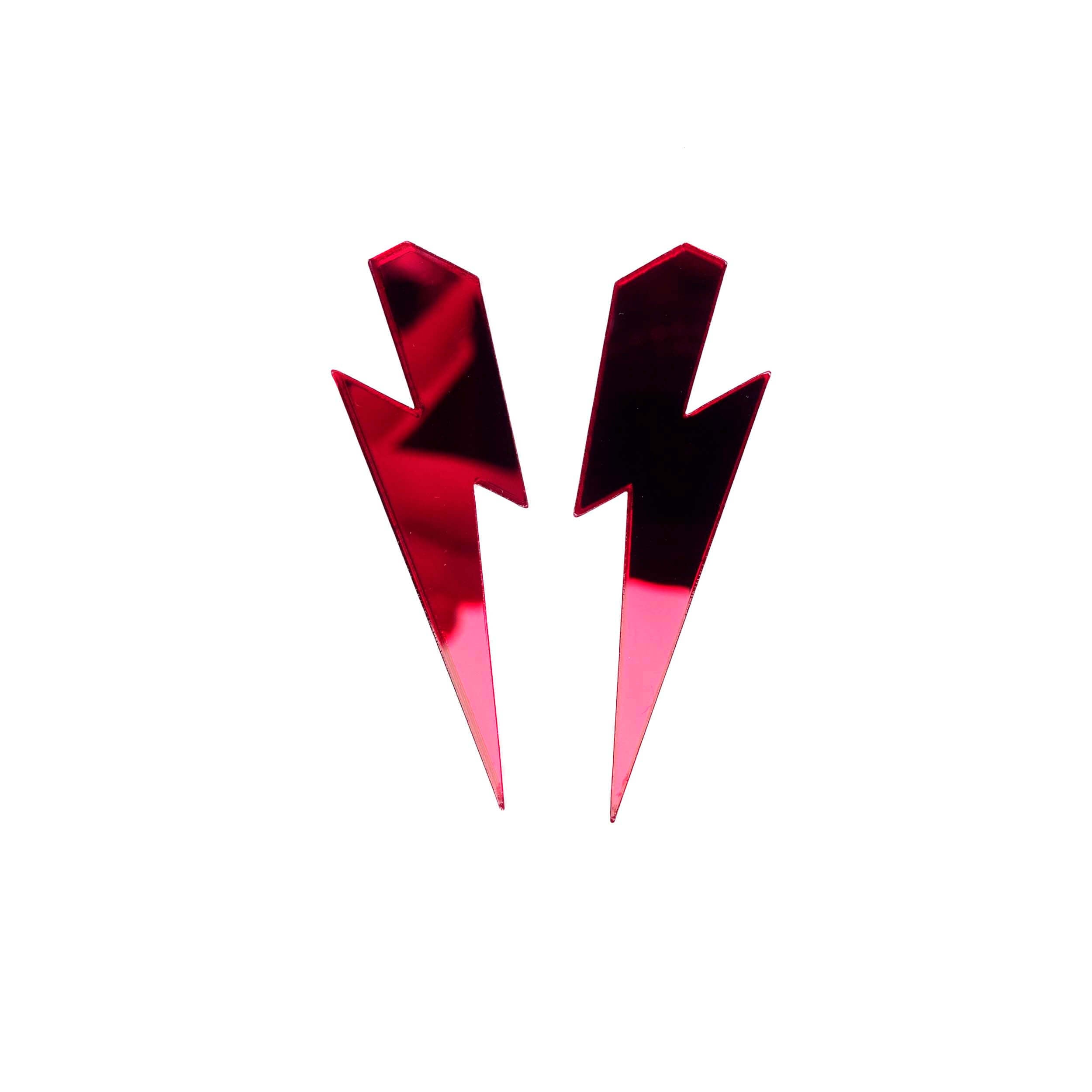 Large Lightning Bolt earrings in ruby mirror, shown against a white background.
