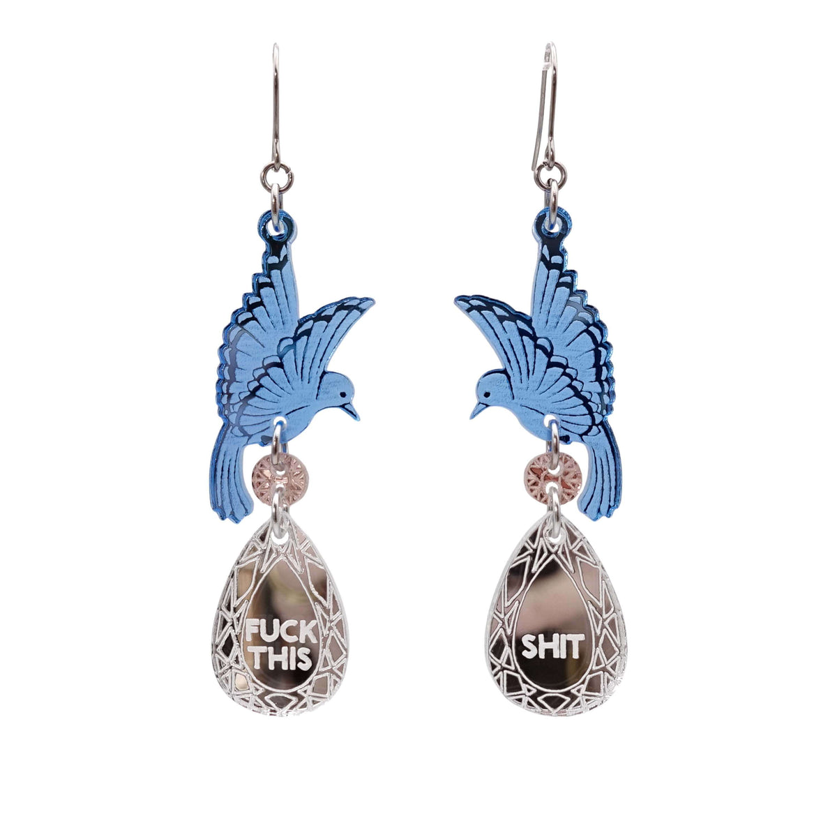 A pair of acrylic earrings with blue birds holding silver 'jewels' that say 'F*ck This' and 'Shit'