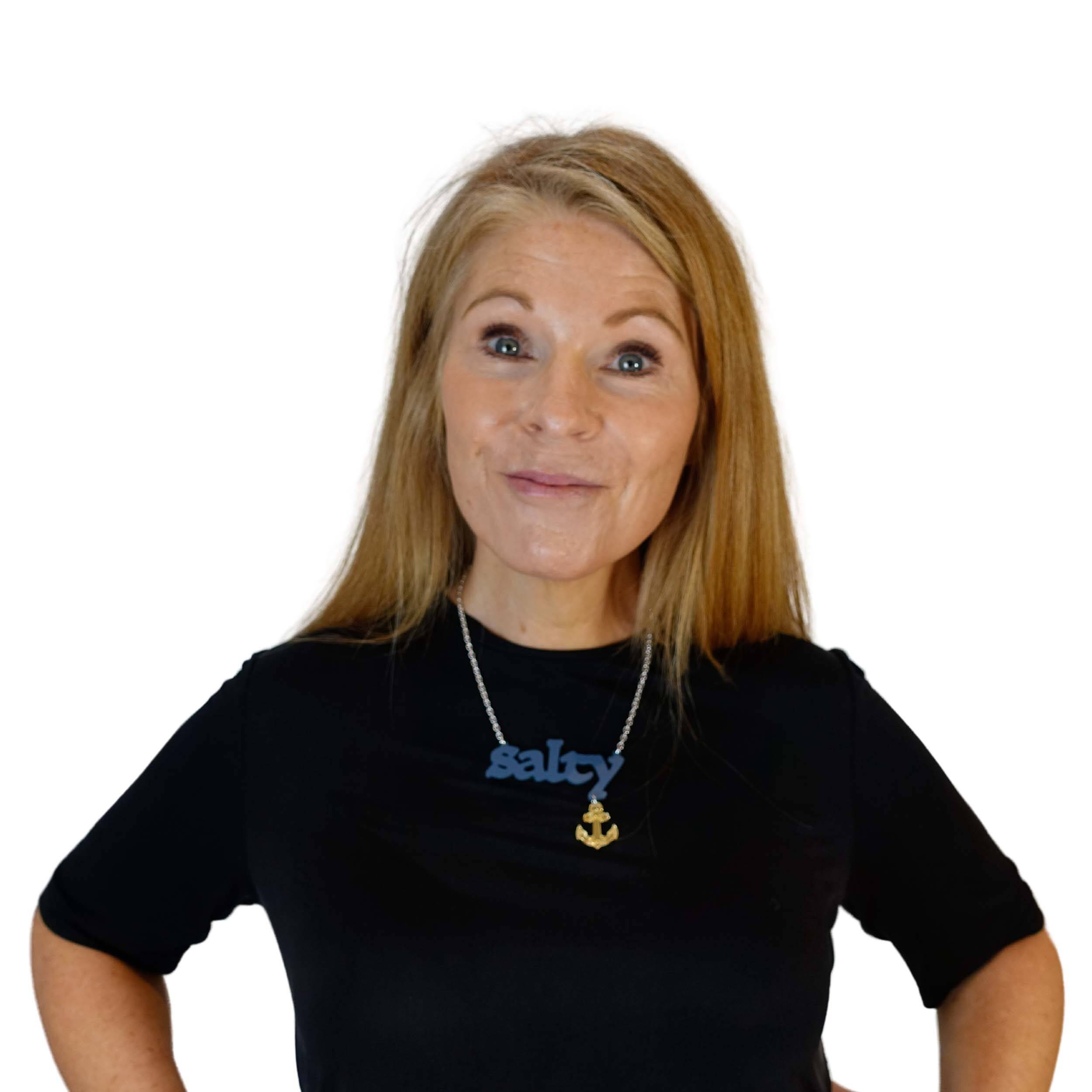 Sarah Day, Founder of Wear and Resist, wears a Salty necklace.