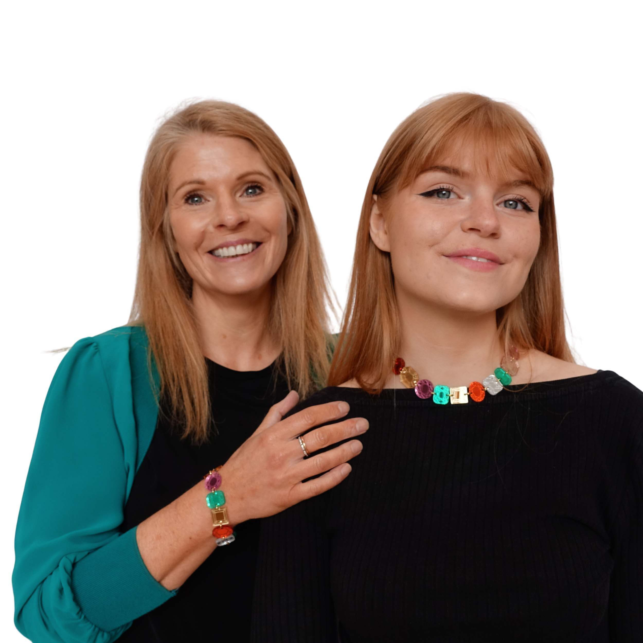 Sarah wears the Funky Jewel bracelet while Eliza, her daughter, wears the Funky Jewel choker. Both designed by Sarah as part of the Austerity Jewels collection for Wear and Resist. 