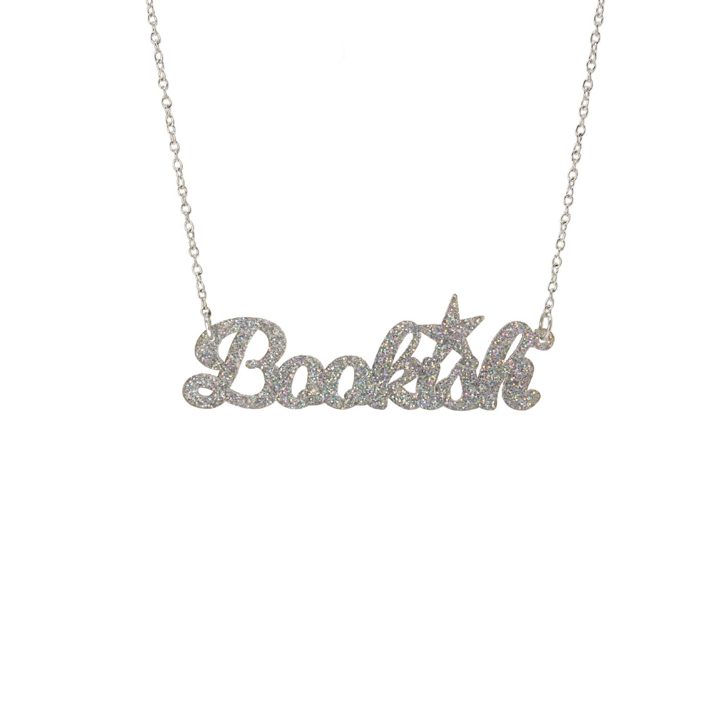 Bookish necklace in silver glitter, shown against a white background.