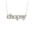 Silver glitter Chopsy necklace shown hanging against a white backround.