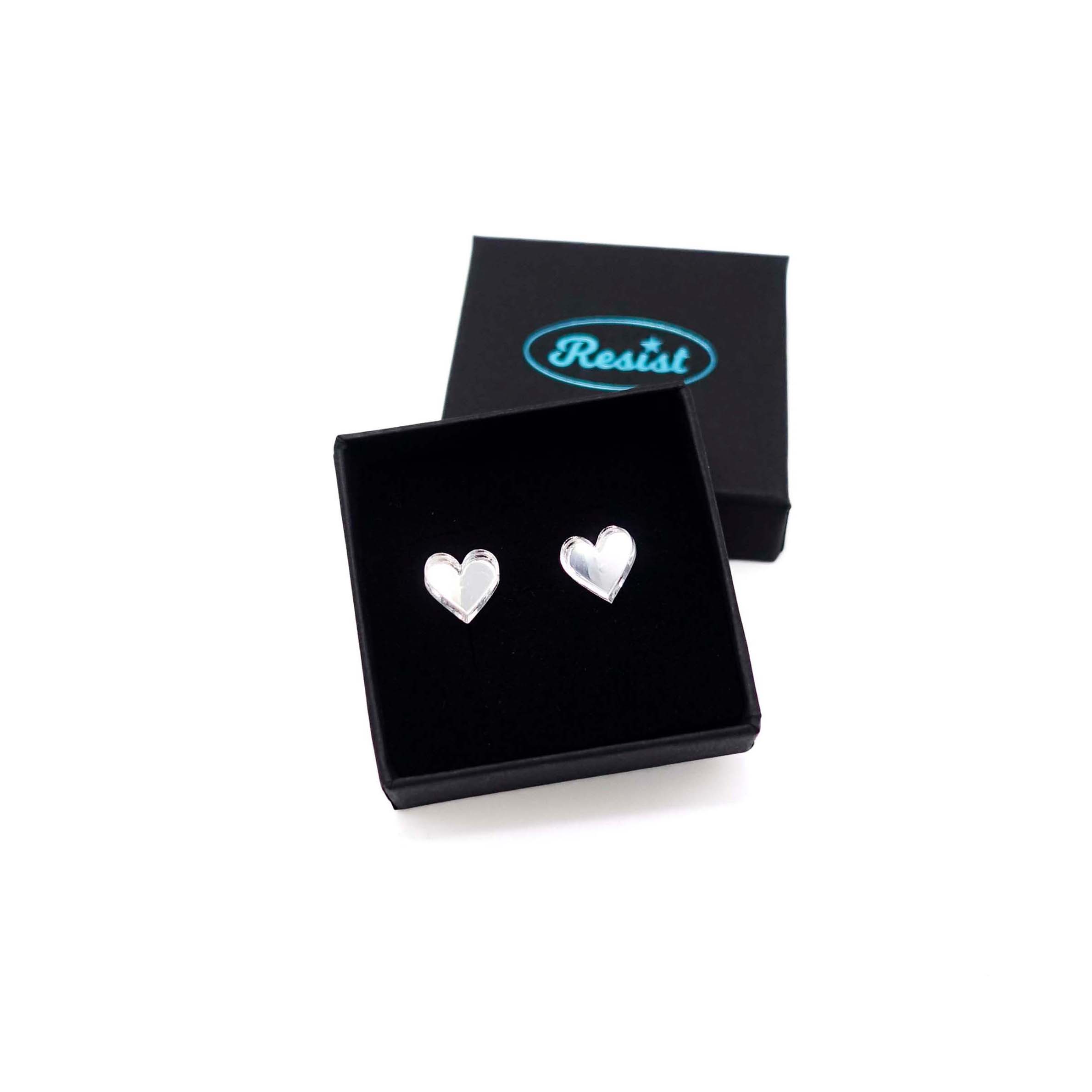 Silver mirror small heart earrings, shown in a small Wear and Resist gift box.