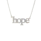 Hope necklace in silver glitter shown on a silver chain hanging on a white background.