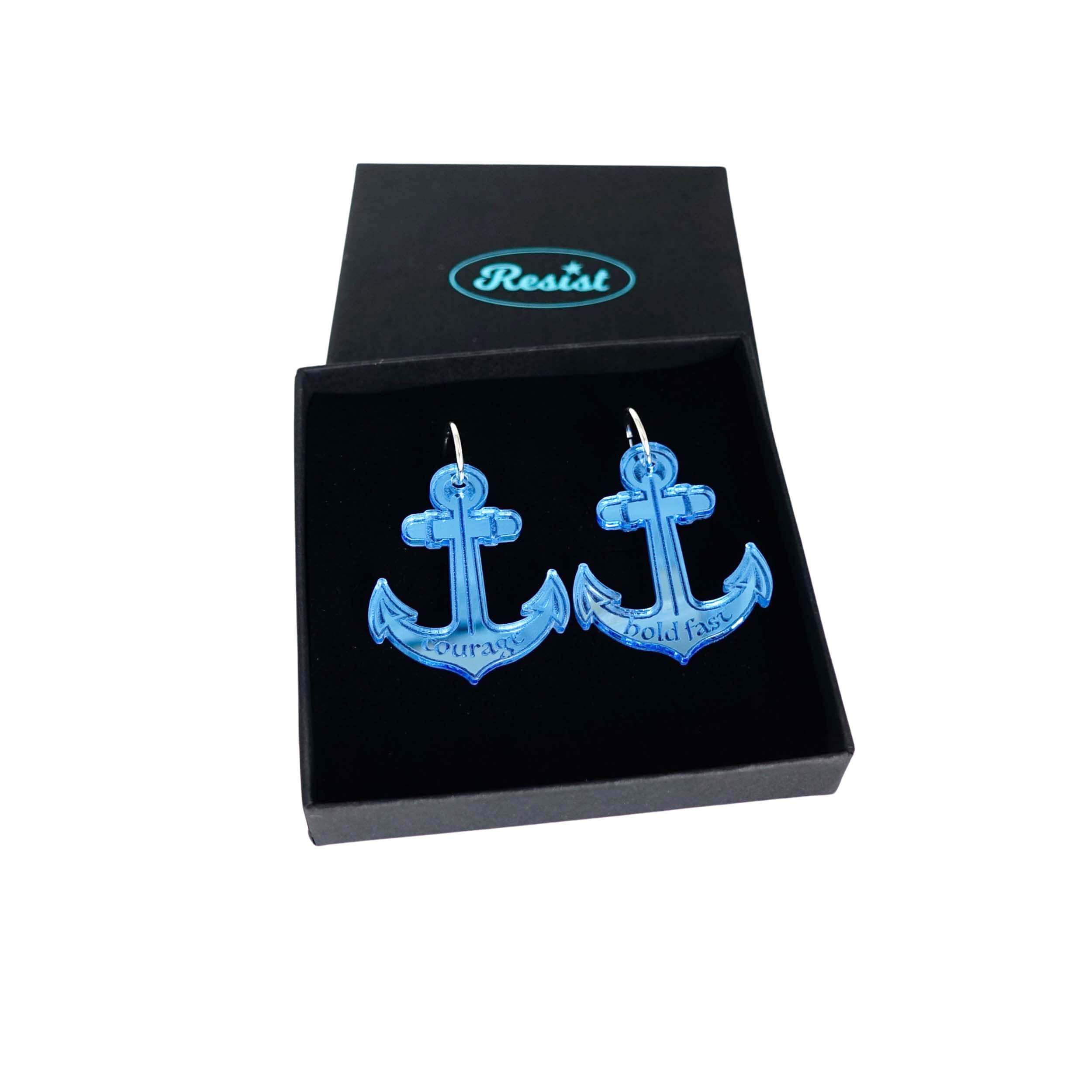 Courage and Hold Fast anchor hoop earrings in sky mirror, shown in a Wear and Resist gift box.