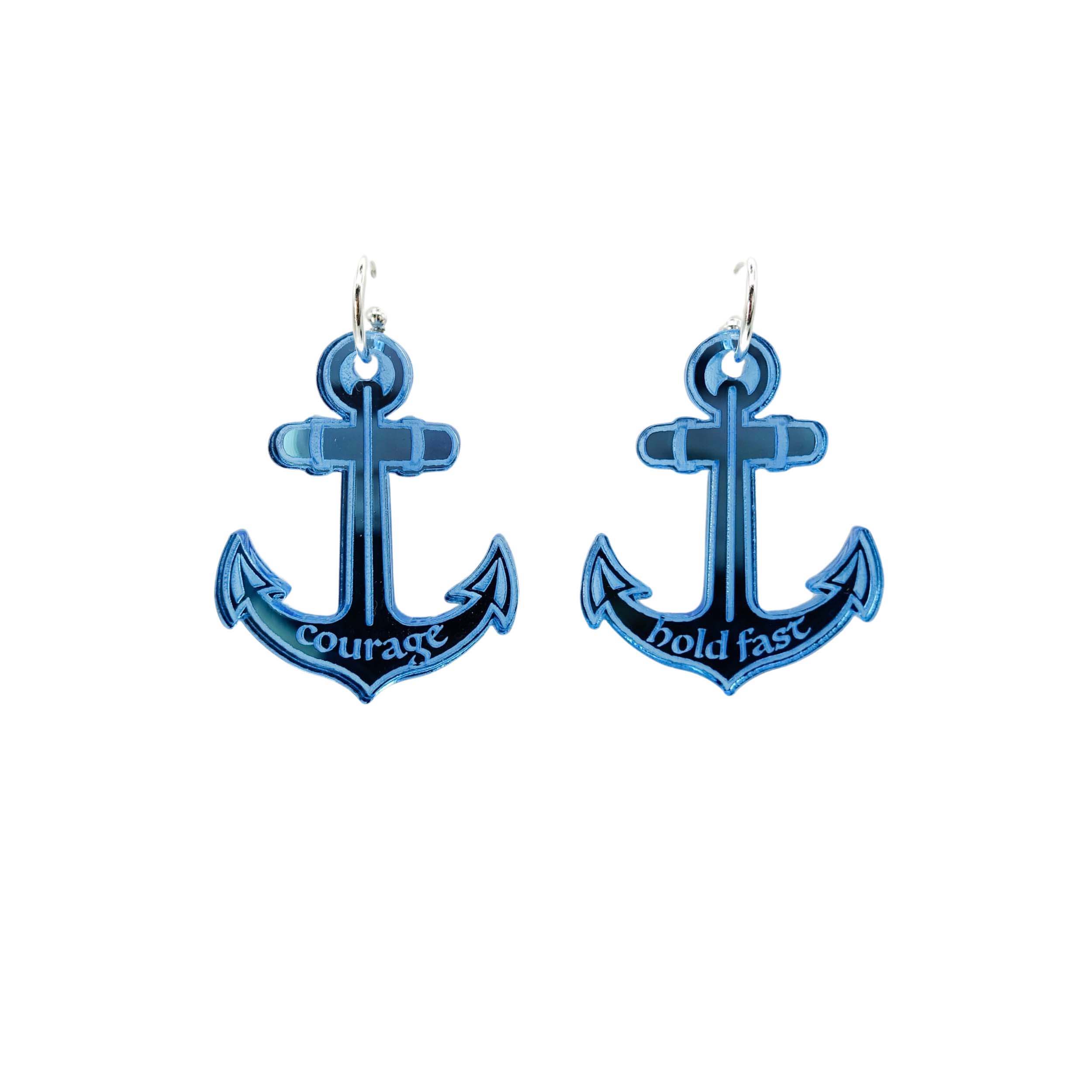 Courage and Hold Fast anchor hoop earrings in sky mirror. Designed by Sarah Day for Wear and Resist as part of The Courage Collection.