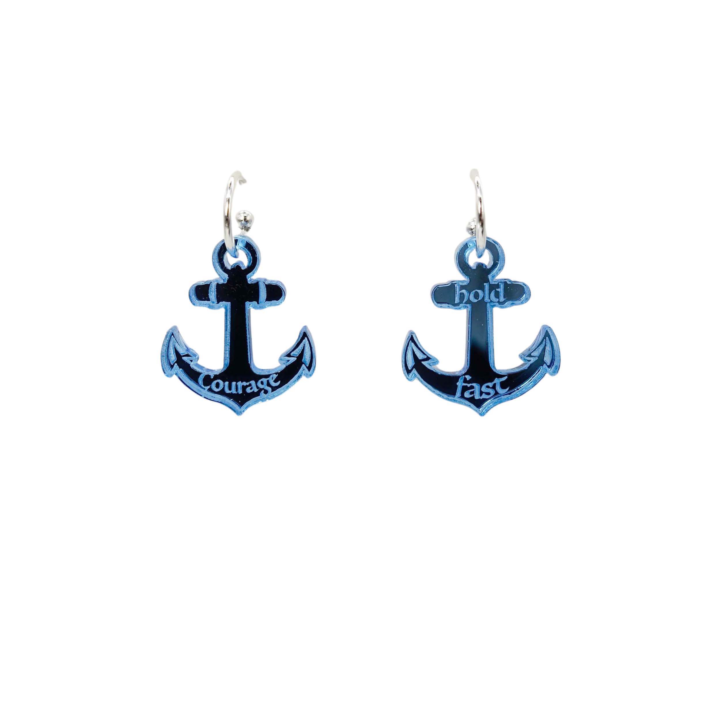 Sky mirror medium anchor hoop earrings, shown against a white background.