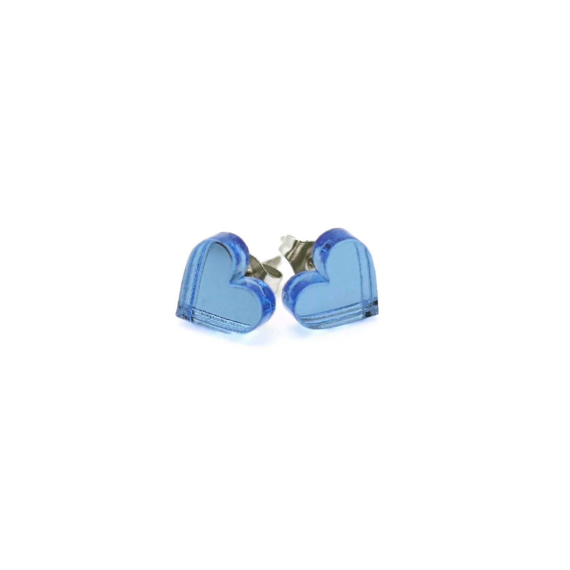 Small heart earrings in sky mirror, shown against a white background.