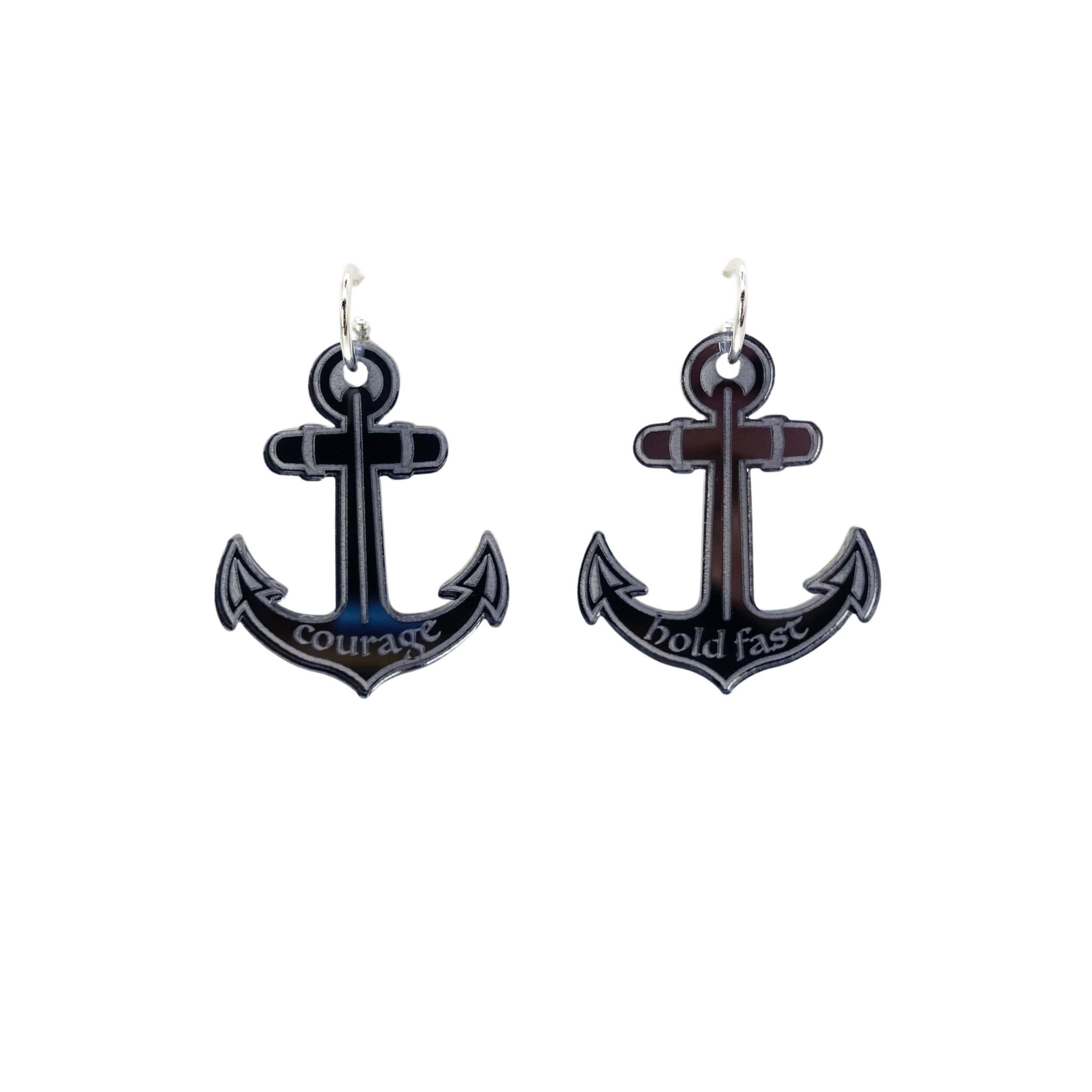 Courage and Hold Fast anchor hoop earrings in slate mirror. Designed by Sarah Day for Wear and Resist as part of The Courage Collection.
