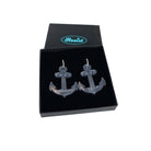 Courage and Hold Fast anchor hoop earrings in slate mirror, shown in a Wear and Resist gift box.