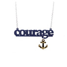 Courage necklace in slate with gold dangling anchor etched with the words, 'hold fast,' shown hanging against a white background.
