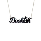 Bookish necklace in slate mirror shown against a white background.
