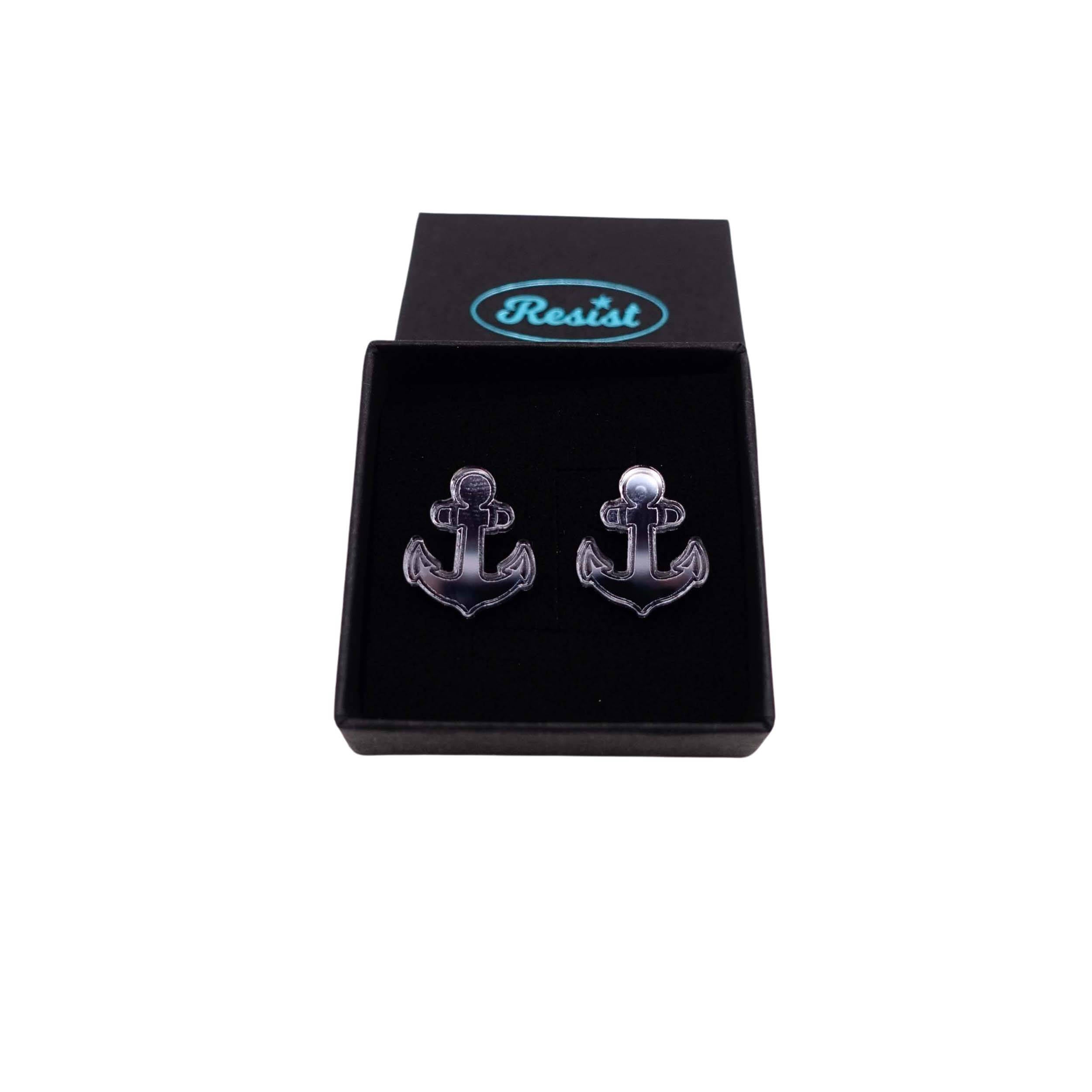 Slate mirror little anchor earrings shown in a Wear and Resist gift box.