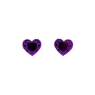Purple heart stud earrings shown on a white background.