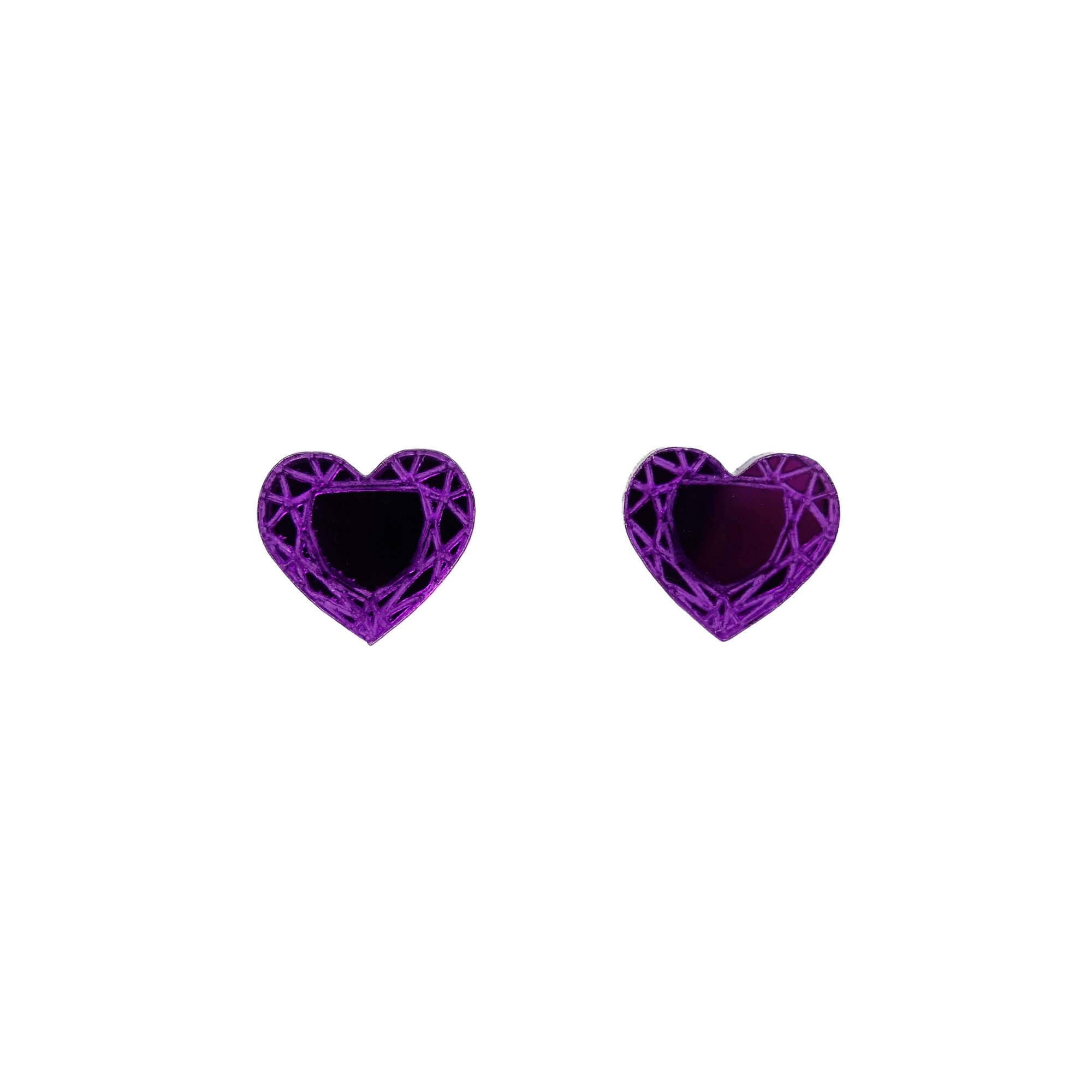 Purple heart stud earrings shown on a white background.