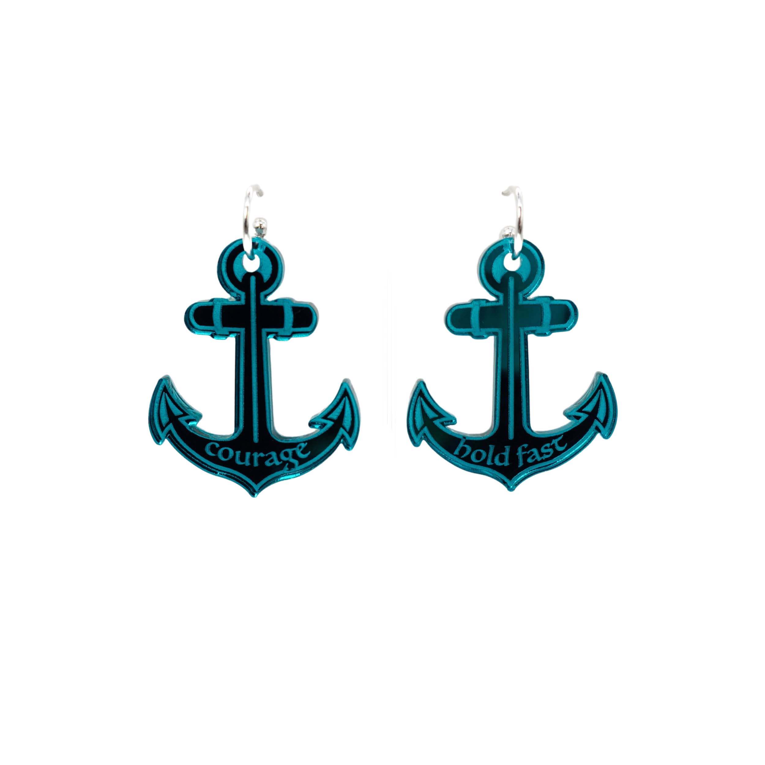 Courage and Hold Fast anchor hoop earrings in teal mirror. Designed by Sarah Day for Wear and Resist as part of The Courage Collection.