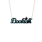 Bookish necklace in teal mirror, shown against a white background.
