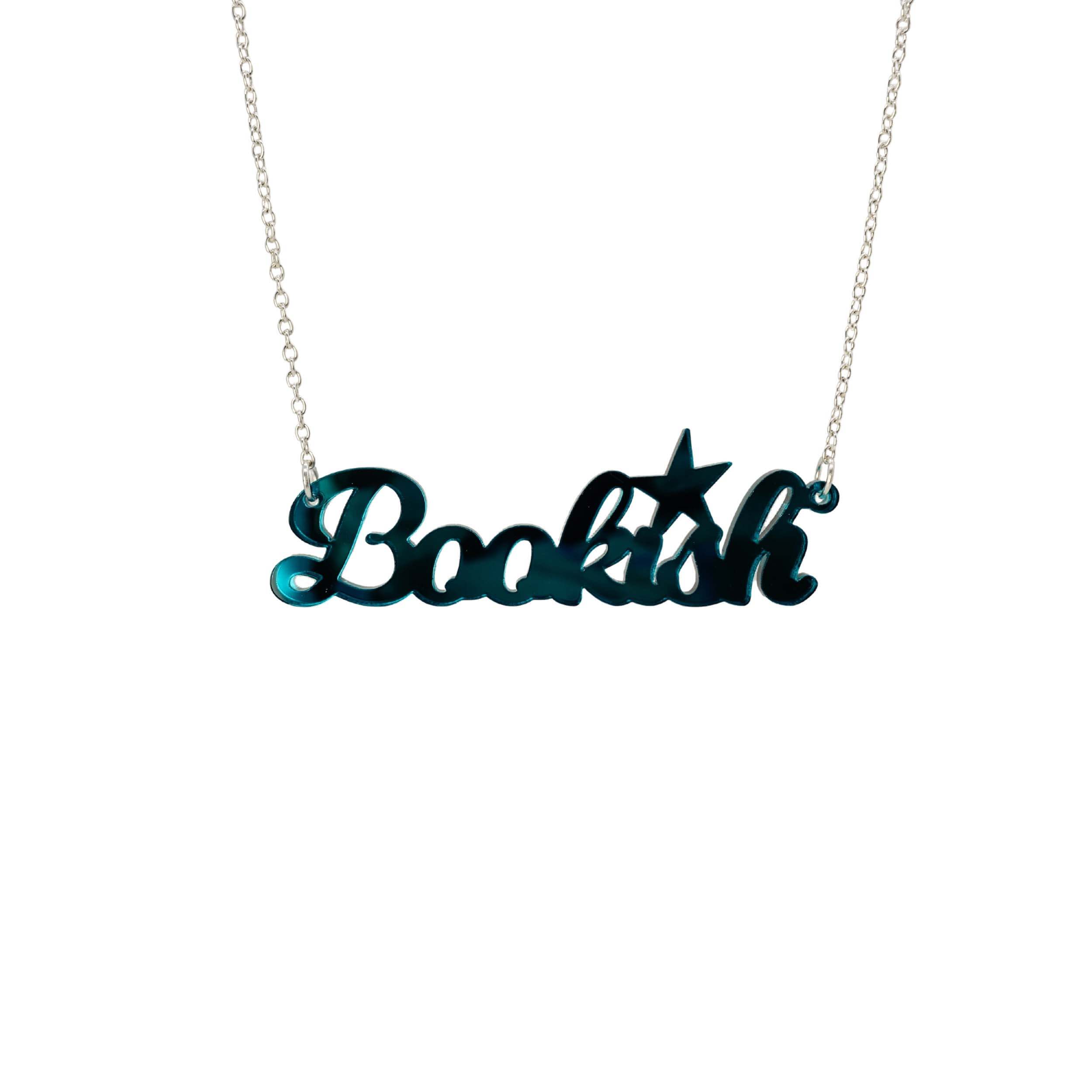 Bookish necklace in teal mirror, shown against a white background.