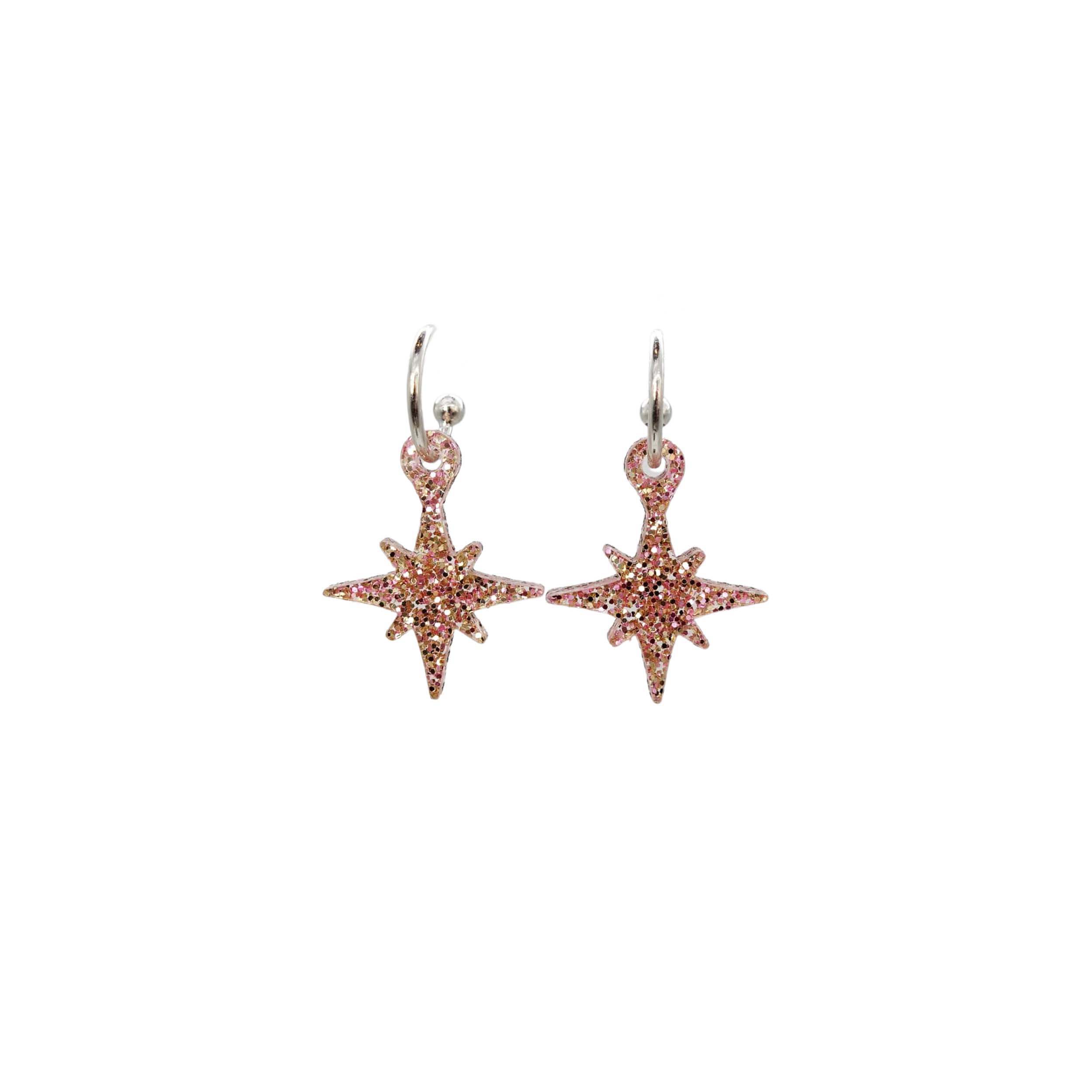 Vintage star earrings in pink fizz glitter.