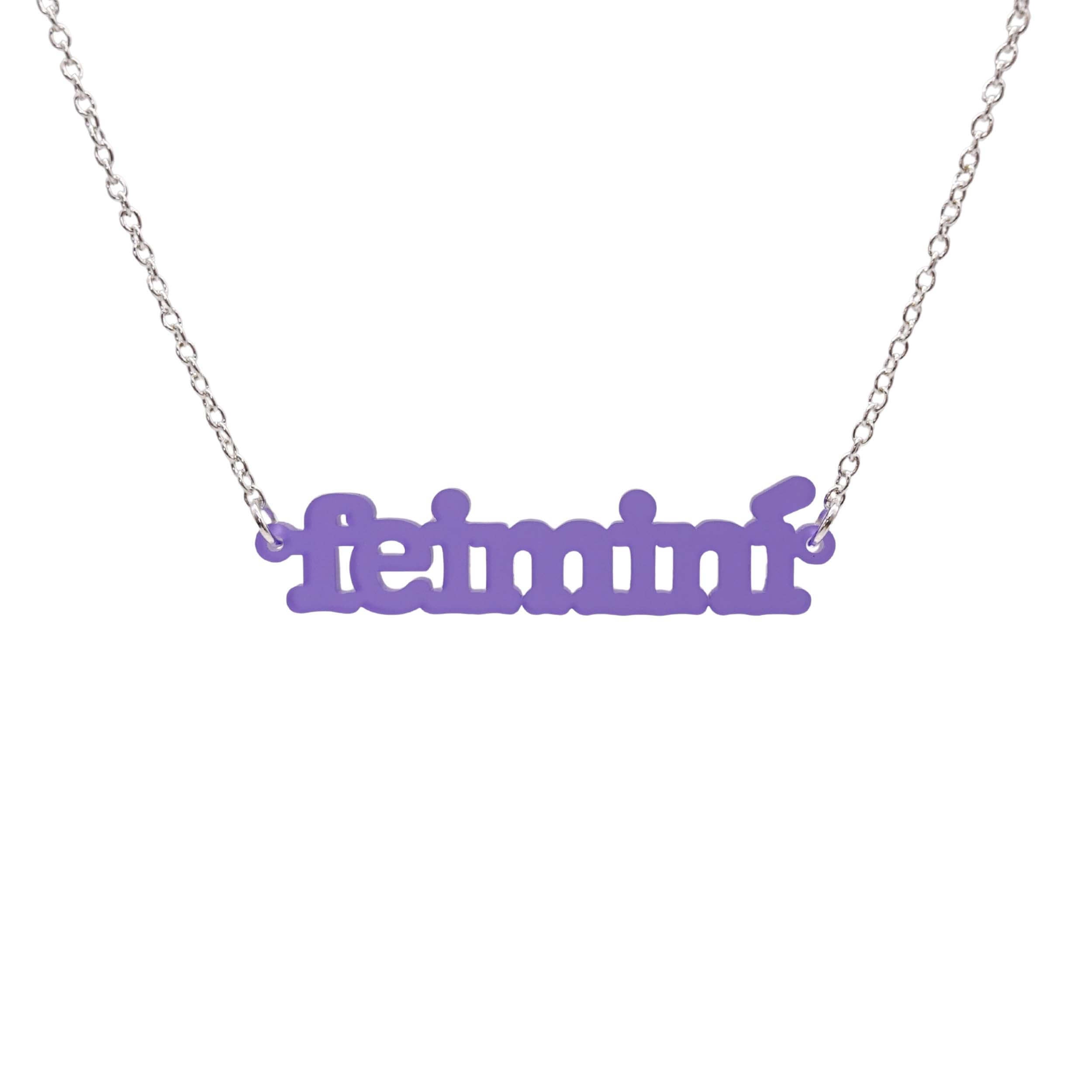 Irish Gaelic Feiminí necklace in violet frost shown hanging against a white background.