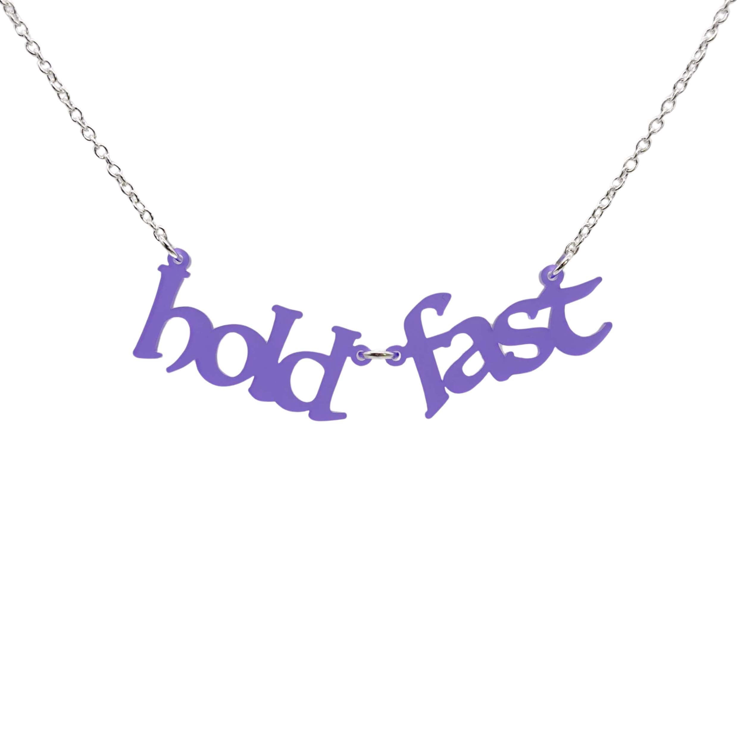 Violet frost Hold Fast necklace shown hanging against a white backround.