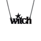 Black glitter Witch necklace shown hanging against a white background.