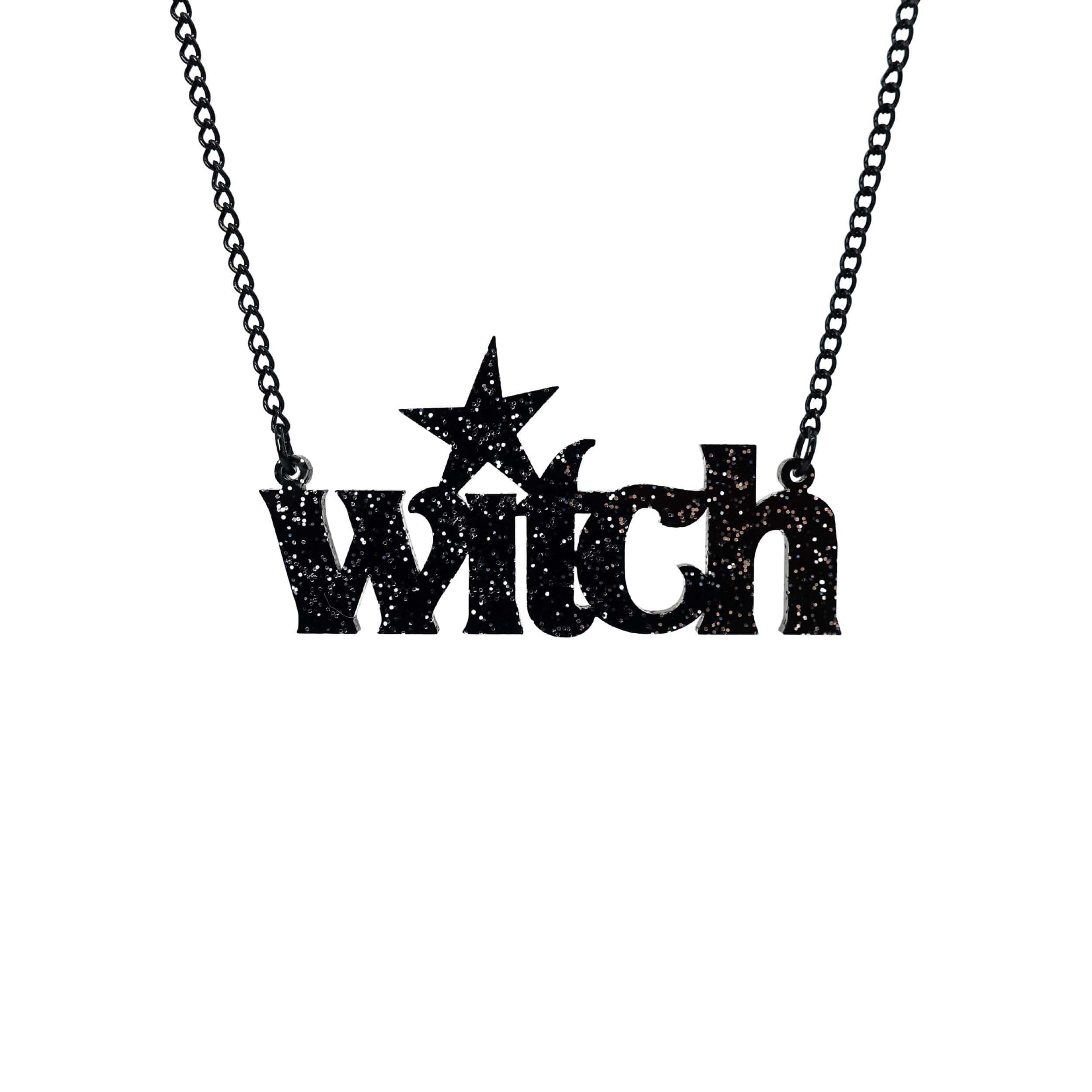 Black glitter Witch necklace shown hanging against a white background.