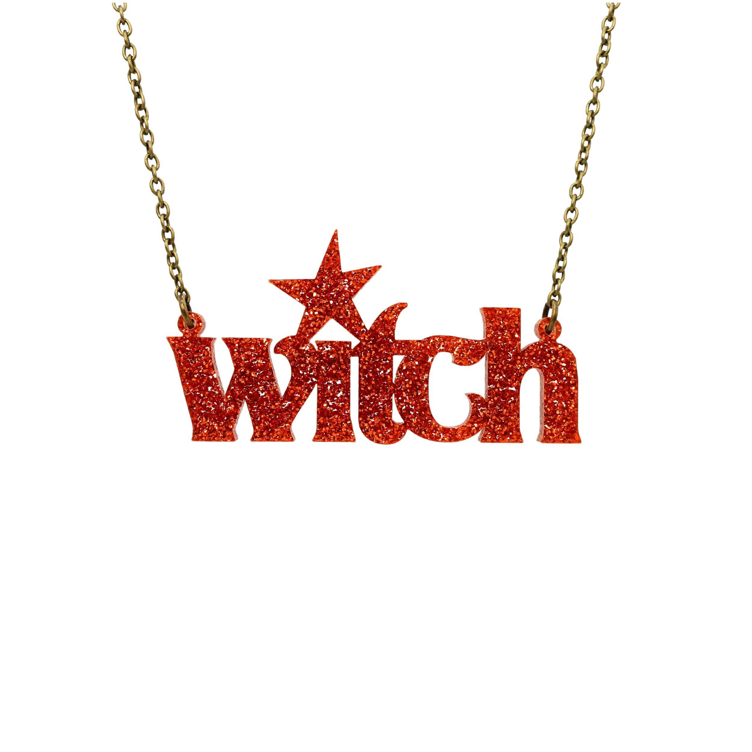 Flame glitter Witch necklace shown hanging against a white background.