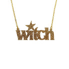 Gold glitter Witch necklace shown hanging on a gold chain against a white background.