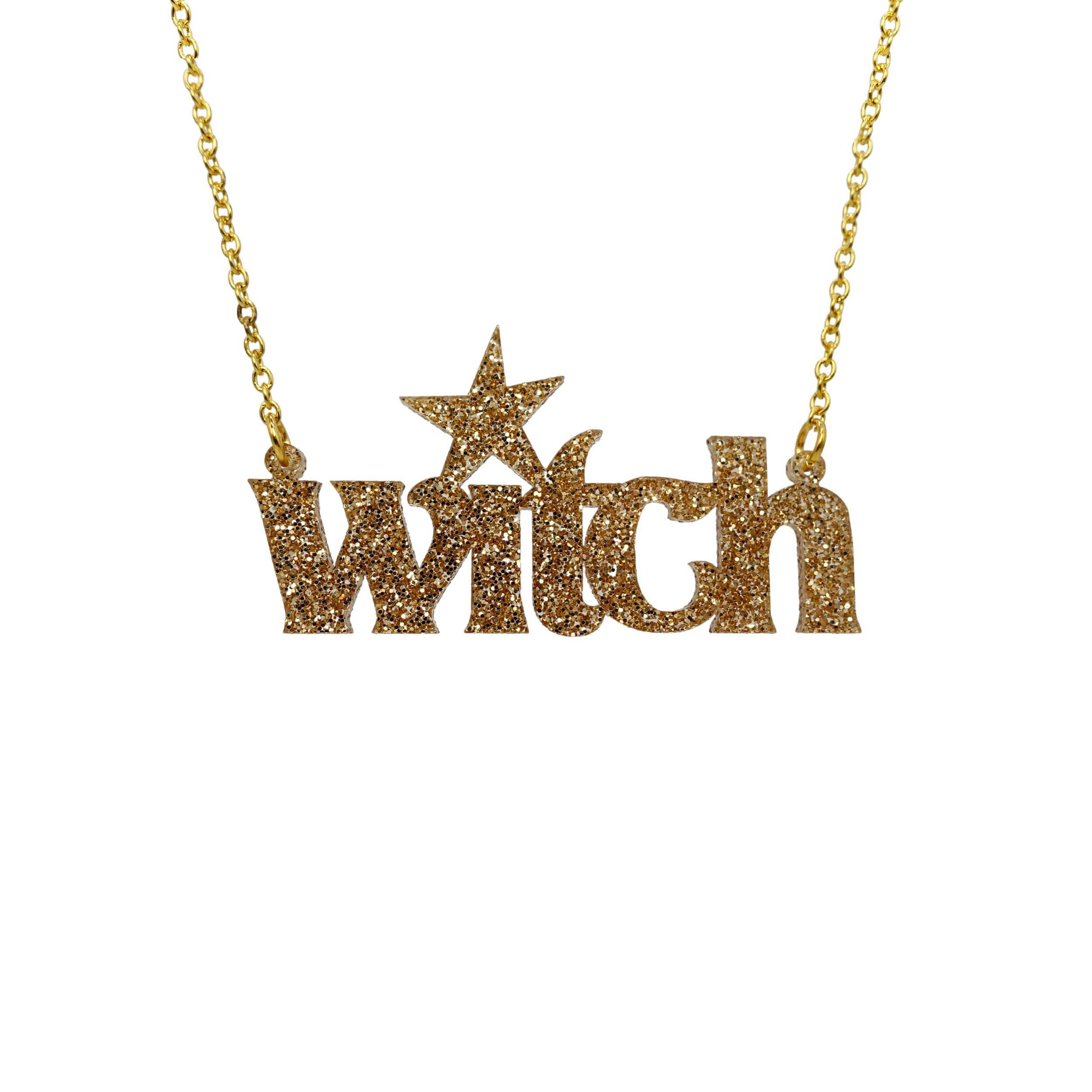 Gold glitter Witch necklace shown hanging on a gold chain against a white background.