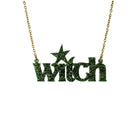 Moss glitter Witch necklace shown hanging against a white background.